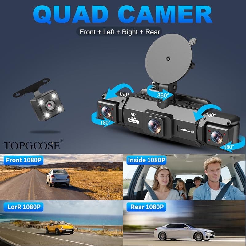 TOPGOOSE 4 Channel Dash Cam 360 Degree View 2K FHD Front Rear Inside Left Right Cameras with 5G WiFi App Control 64GB SD Card and Night Vision — 3 of 5