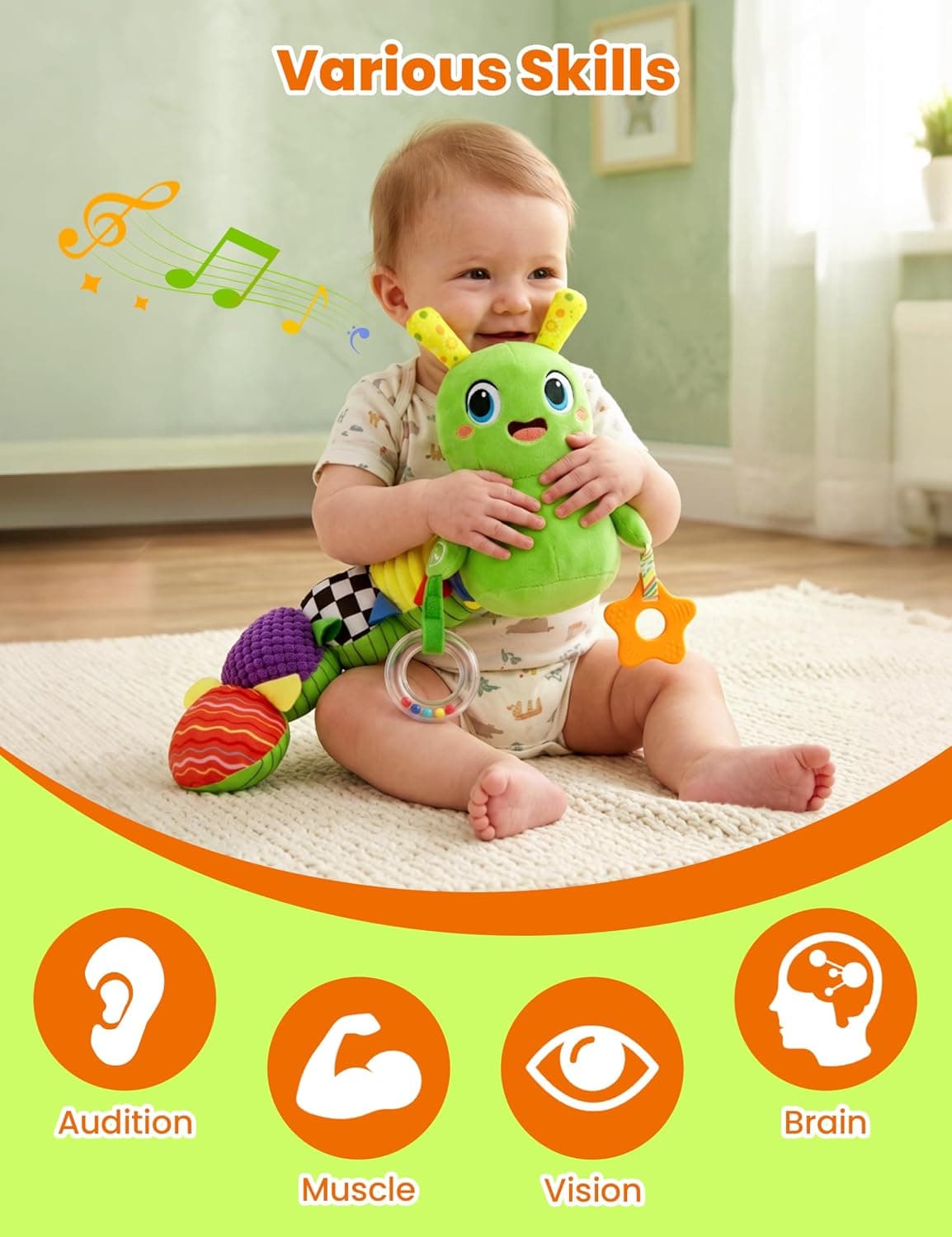 Baby Sensory Caterpillar Plush Activity Toy Featuring Multiple Textures, Crinkle Sounds, Vibrant Colors, and a Built-In Teether for Early Development — 3 of 5