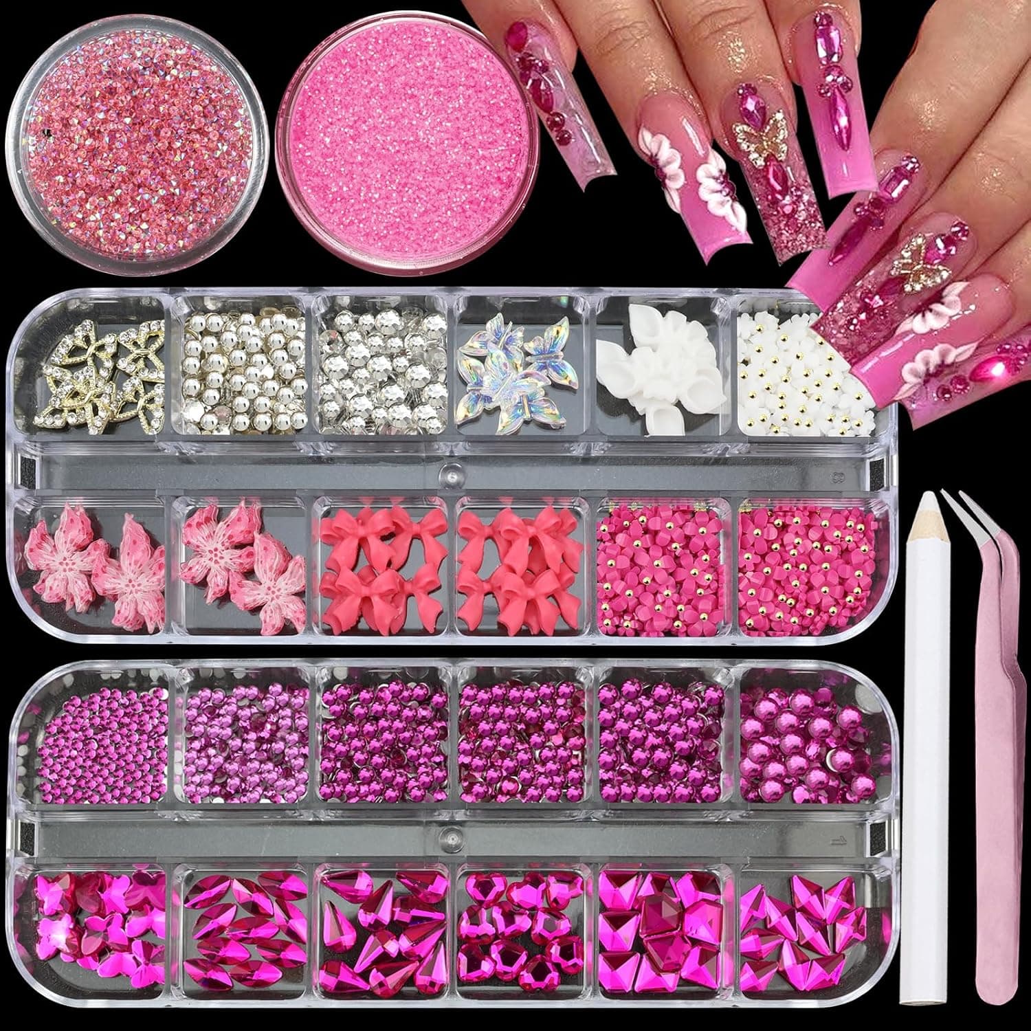 SEMATA Flower Bow Nail Art Charms with Rose Red Rhinestones Various Shapes Heart Oval Crystals Mixed Sizes for Women DIY Manicure Decoration — 1 of 5