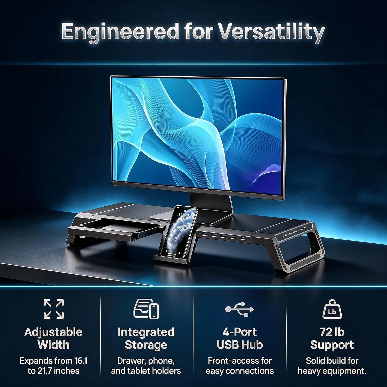 Computer Monitor Stand Riser with Storage Drawer USB Hub RGB Lighting Ergonomic Desk Organizer Desktop Shelf for Laptop and PC Accessories — 3 of 5