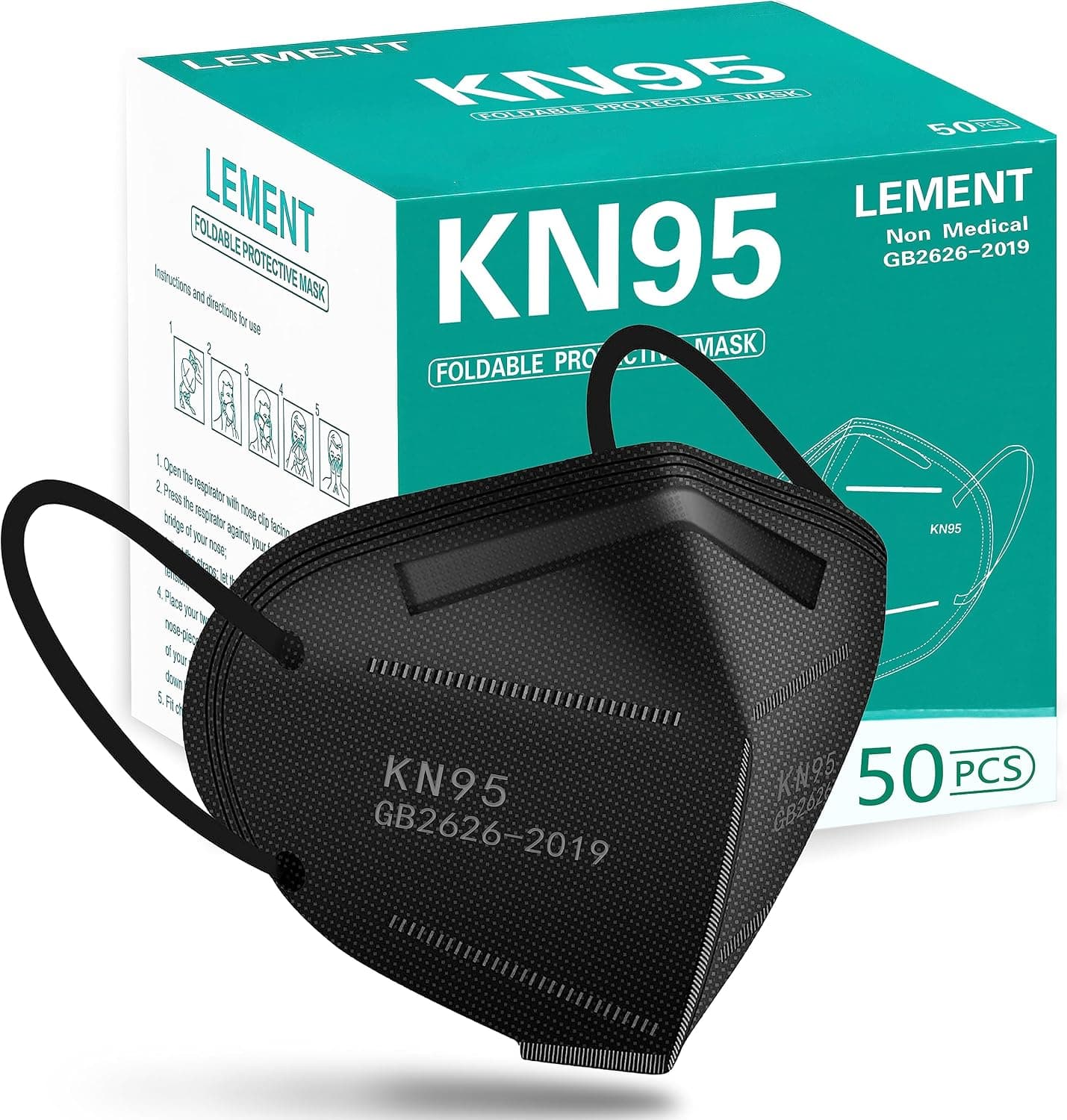 LEMENT 50pcs KN95 Face Mask Black 5-Layer Filter Greater Than 95% Cup Dust Safety Masks with Comfortable Fit and Breathable Protection Design — 1 of 5