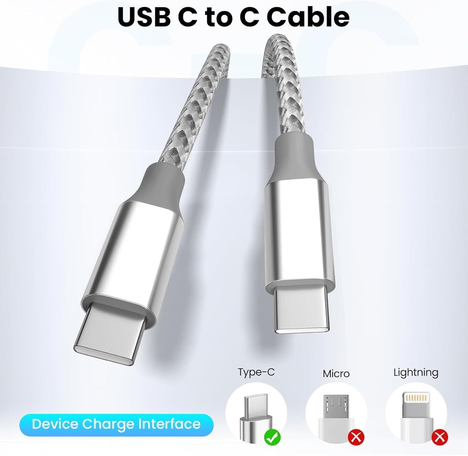 Kyehd 10-Foot 60W Braided Fast Charging USB C Cable 3-Pack with High-Speed Data Sync, Extended Reach and Durable Design for iPhone and Galaxy — 2 of 5