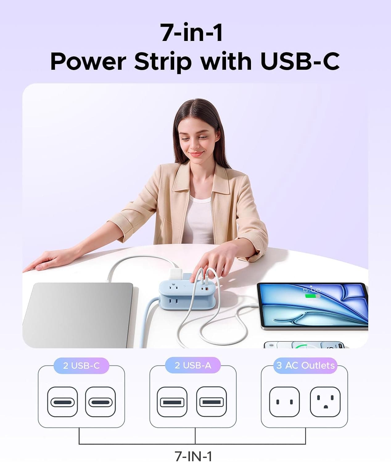 Phixero PhiPlug 7-in-1 45W USB-C Power Strip with Three AC Outlets, Two USB-C Ports, Two USB-A Ports and Multi-Device Charging Extension Cord Design — 2 of 5