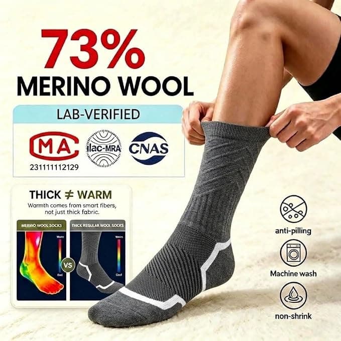 Merino Wool Hiking Crew Socks 2-Pack with Moisture Wicking Breathable Fabric, Targeted Arch Support, Shock-Absorbing Cushioning and 6-Month Wear-Out — 2 of 5