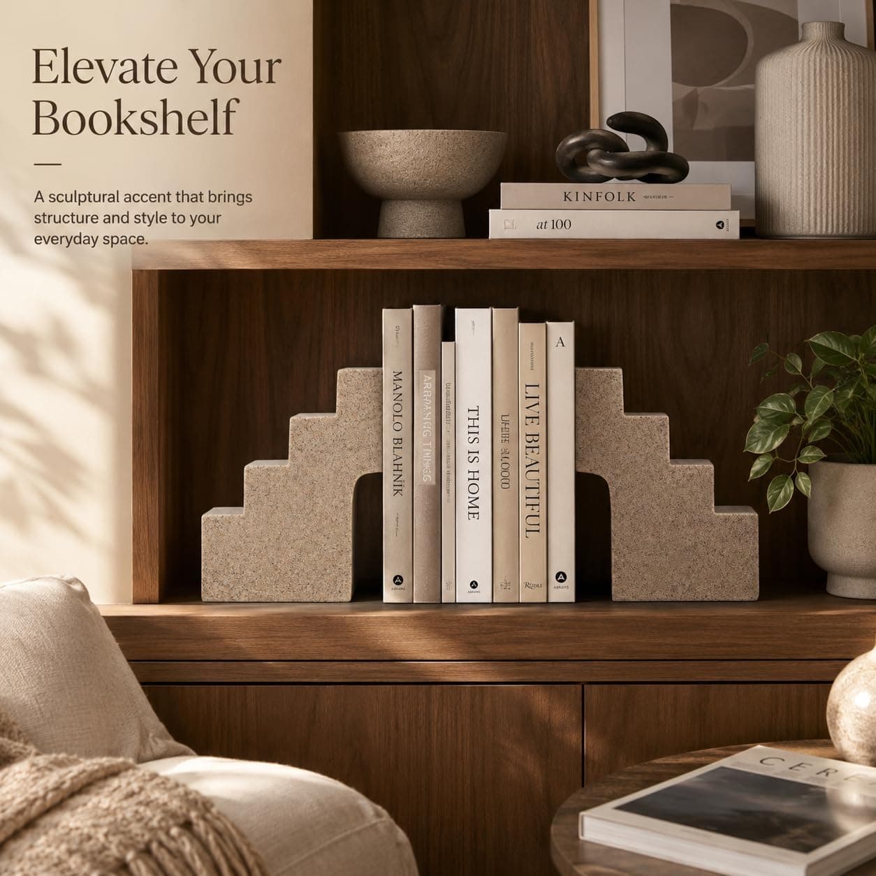 Decorative Heavy Book Ends 3.5 LB Heavy Duty Bookends Architectural Stair Design Non-Slip Pads For Every Shelf and Gift-Ready Packaging — 3 of 5