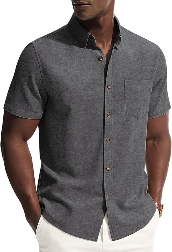 Pj Paul Jones Mens Button Down Linen Short Sleeve Dress Shirt Featuring Solid Color, Curved Shirttail Hem, Chest Pocket and Pleated Back Design — 1 of 5