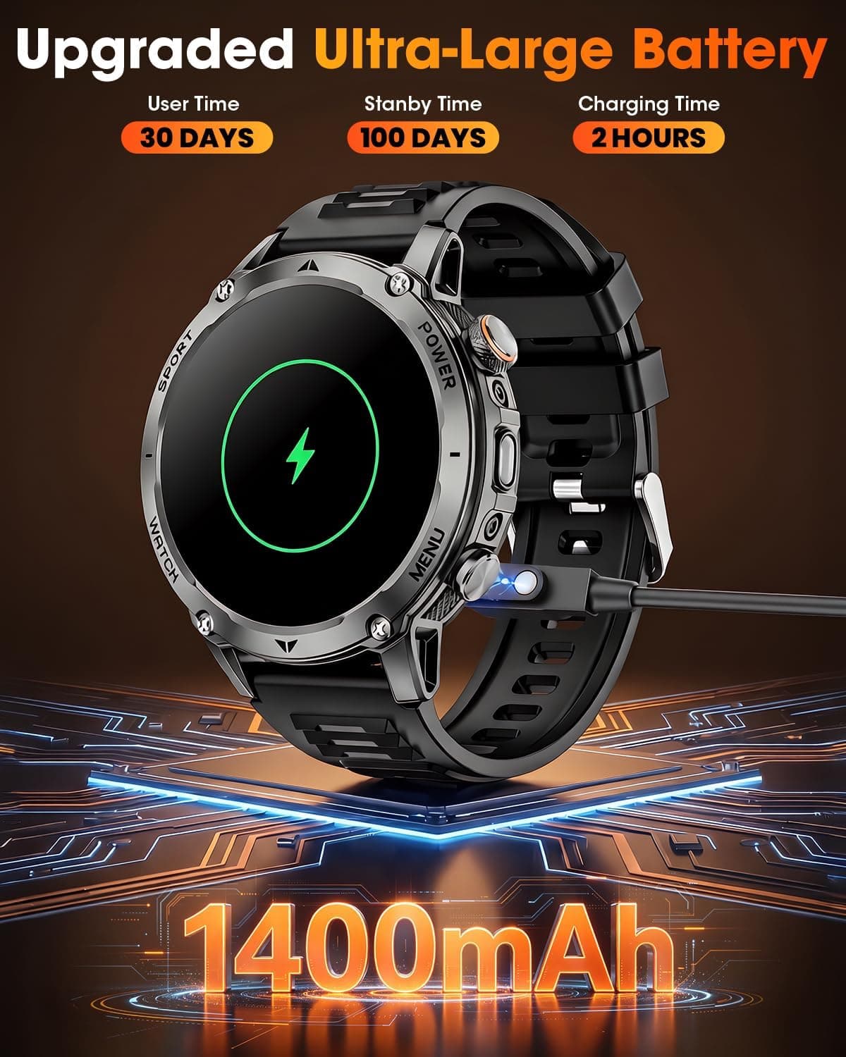 Karchilor 1400mAh Military Bluetooth Smartwatch for Men with LED Display, 30-Day Daily Battery Life, 2-Hour Fast Charge and 100-Day Standby Time — 2 of 5