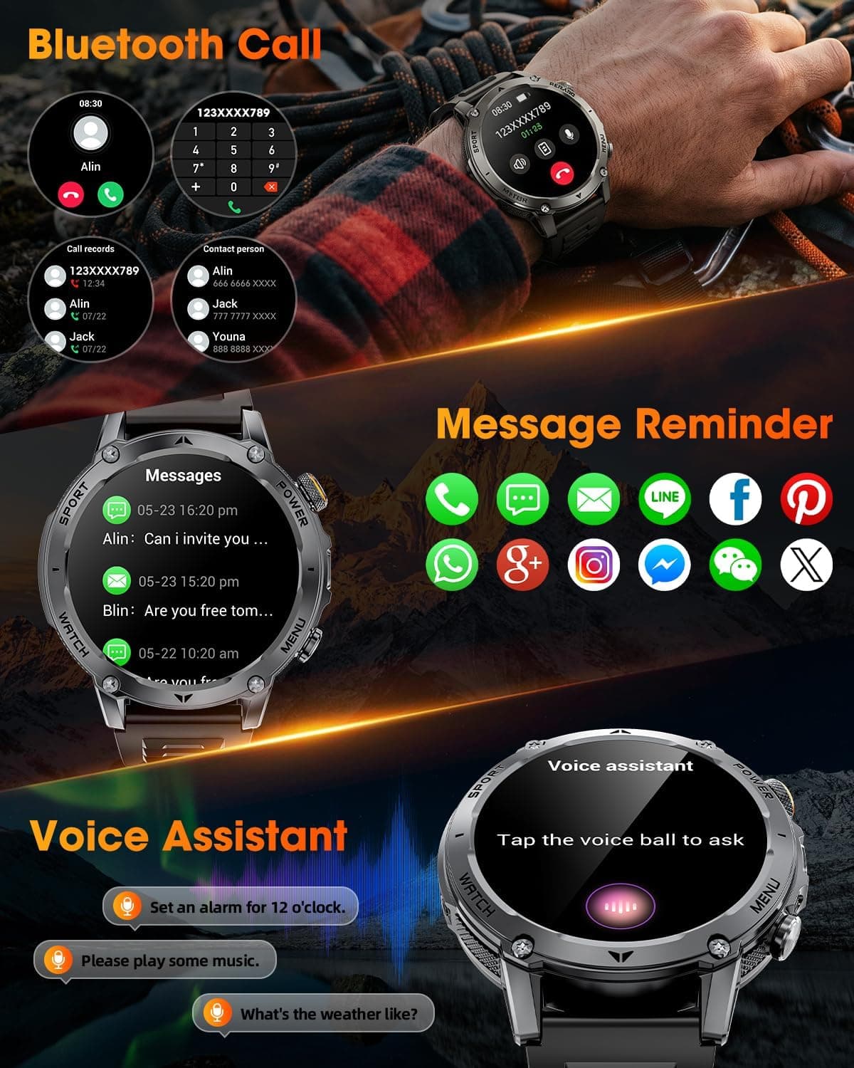 Karchilor 1400mAh Military Bluetooth Smartwatch for Men with LED Display, 30-Day Daily Battery Life, 2-Hour Fast Charge and 100-Day Standby Time — 3 of 5