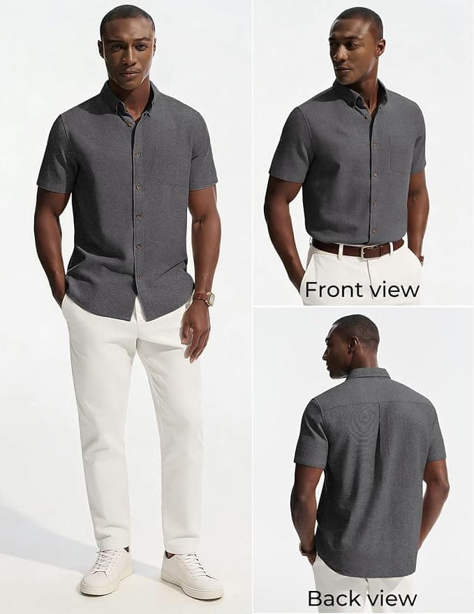 Pj Paul Jones Mens Button Down Linen Short Sleeve Dress Shirt Featuring Solid Color, Curved Shirttail Hem, Chest Pocket and Pleated Back Design — 2 of 5