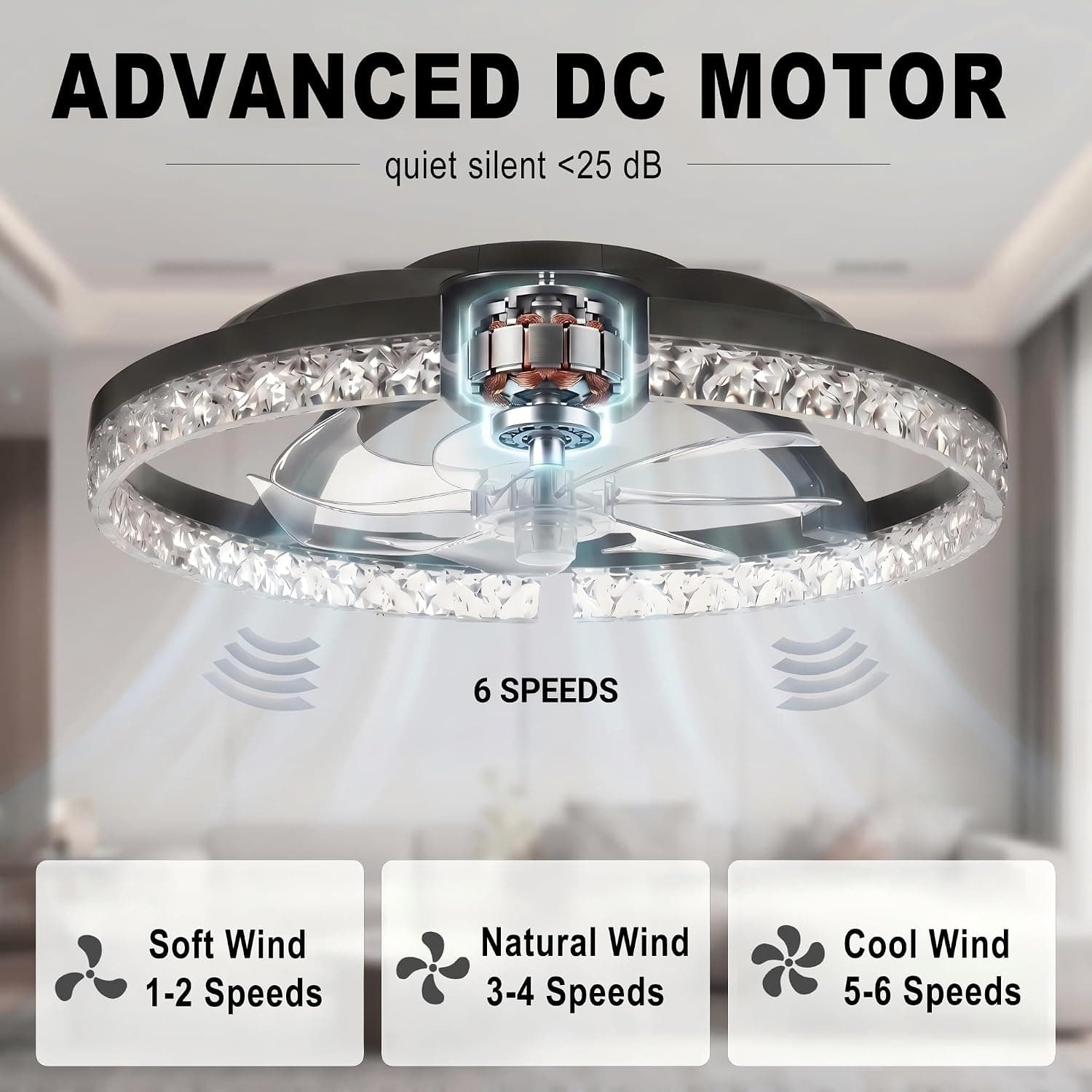 24-Inch Flush Mount Ceiling Fan with Integrated Light and Modern Low-Profile Design for Small Spaces, Bedrooms, Living Rooms and Kitchens — 3 of 5