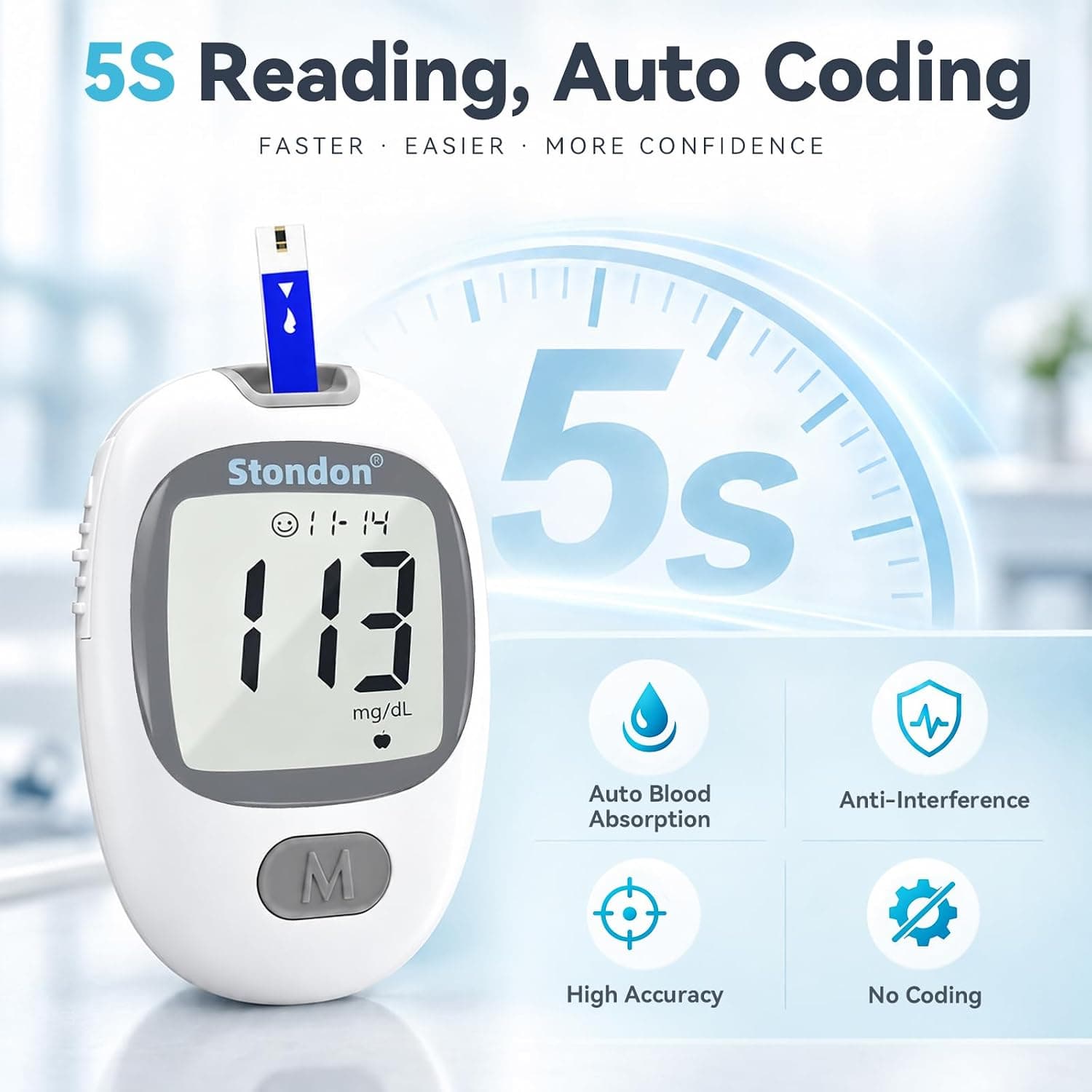Stondon G-430 Blood Glucose Monitor Kit with 50 Test Strips and Lancets, 5-Second Fast Readings, Reliable Glucose Oxidase Technology for Home Testing — 3 of 5