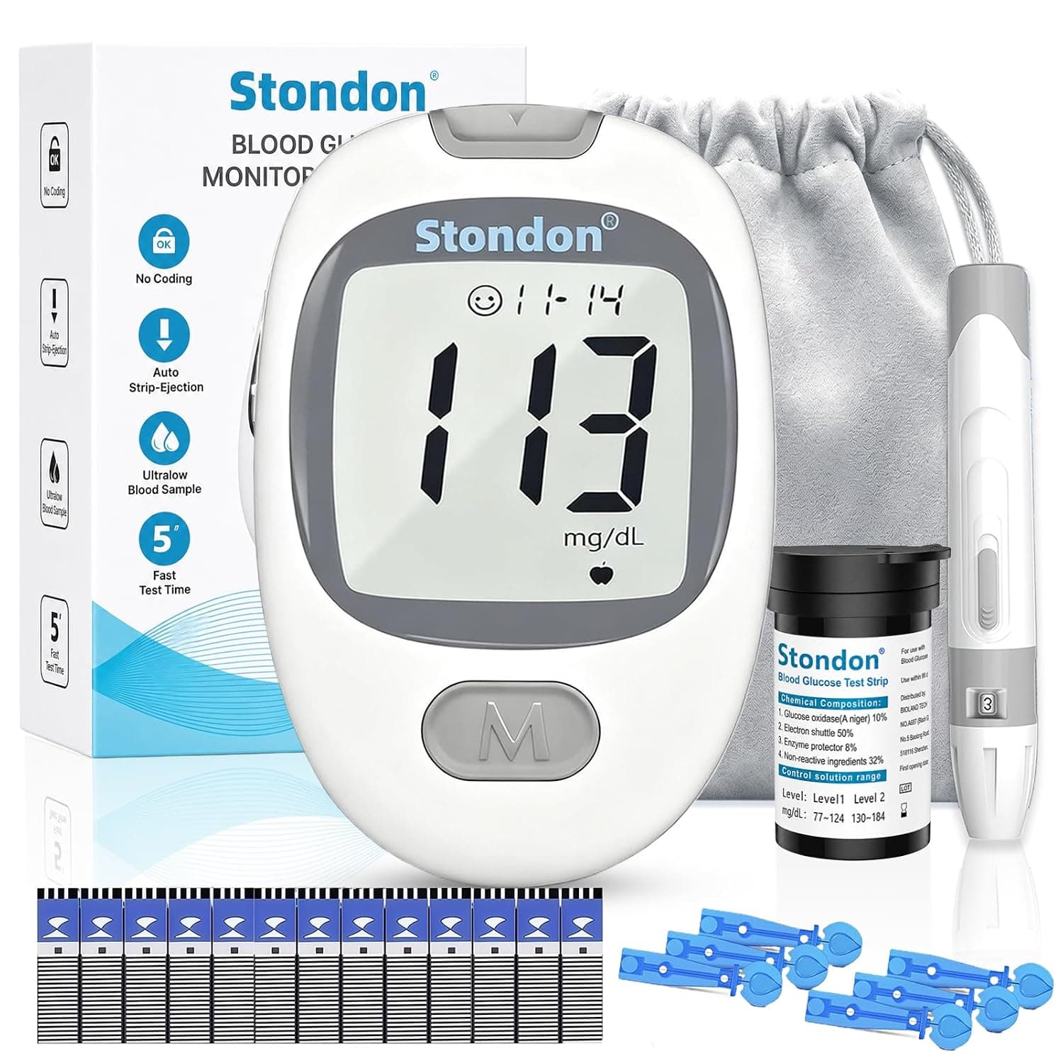 Stondon G-430 Blood Glucose Monitor Kit with 50 Test Strips and Lancets, 5-Second Fast Readings, Reliable Glucose Oxidase Technology for Home Testing — 1 of 5