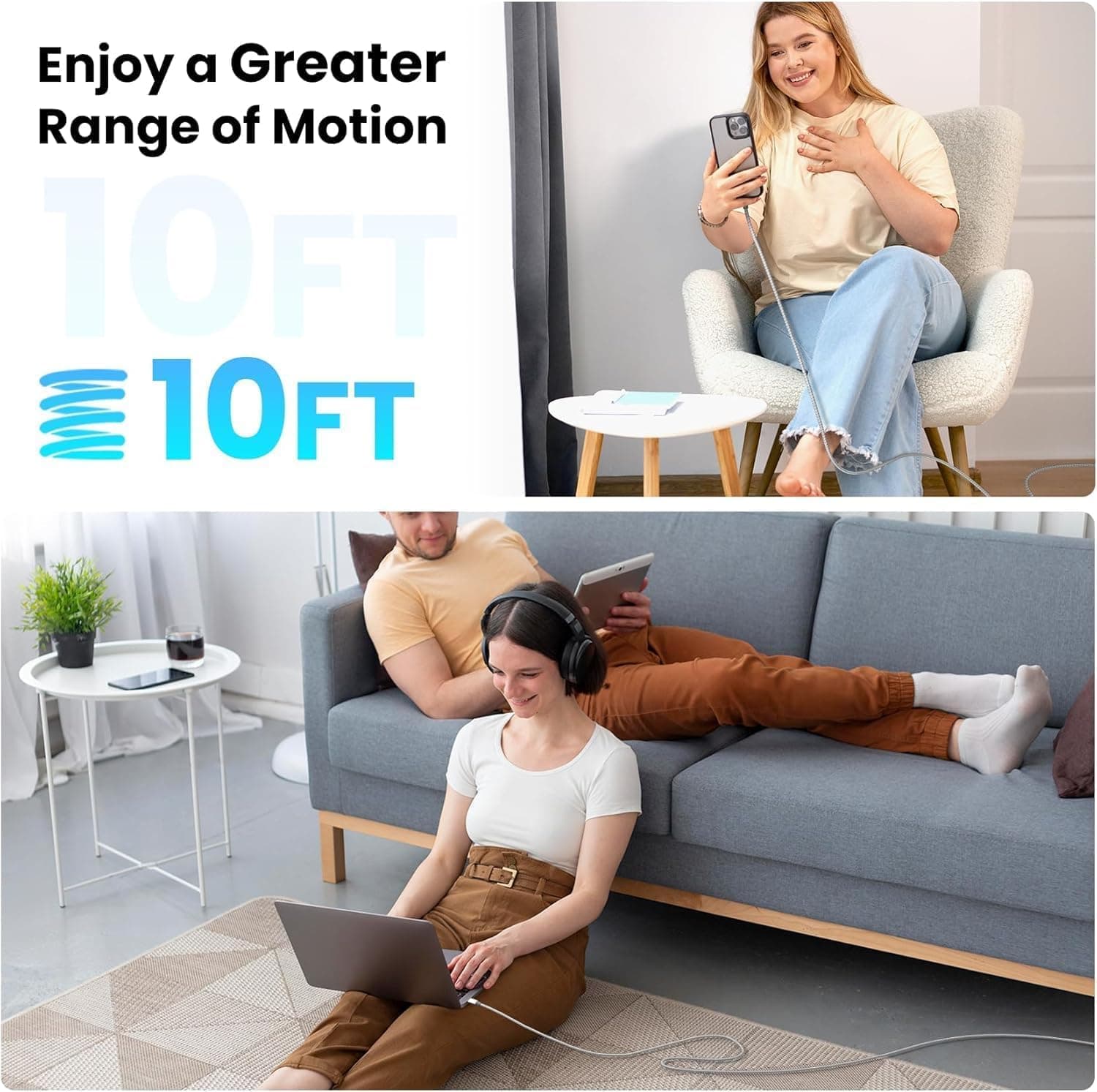 Kyehd 10-Foot 60W Braided Fast Charging USB C Cable 3-Pack with High-Speed Data Sync, Extended Reach and Durable Design for iPhone and Galaxy — 4 of 5