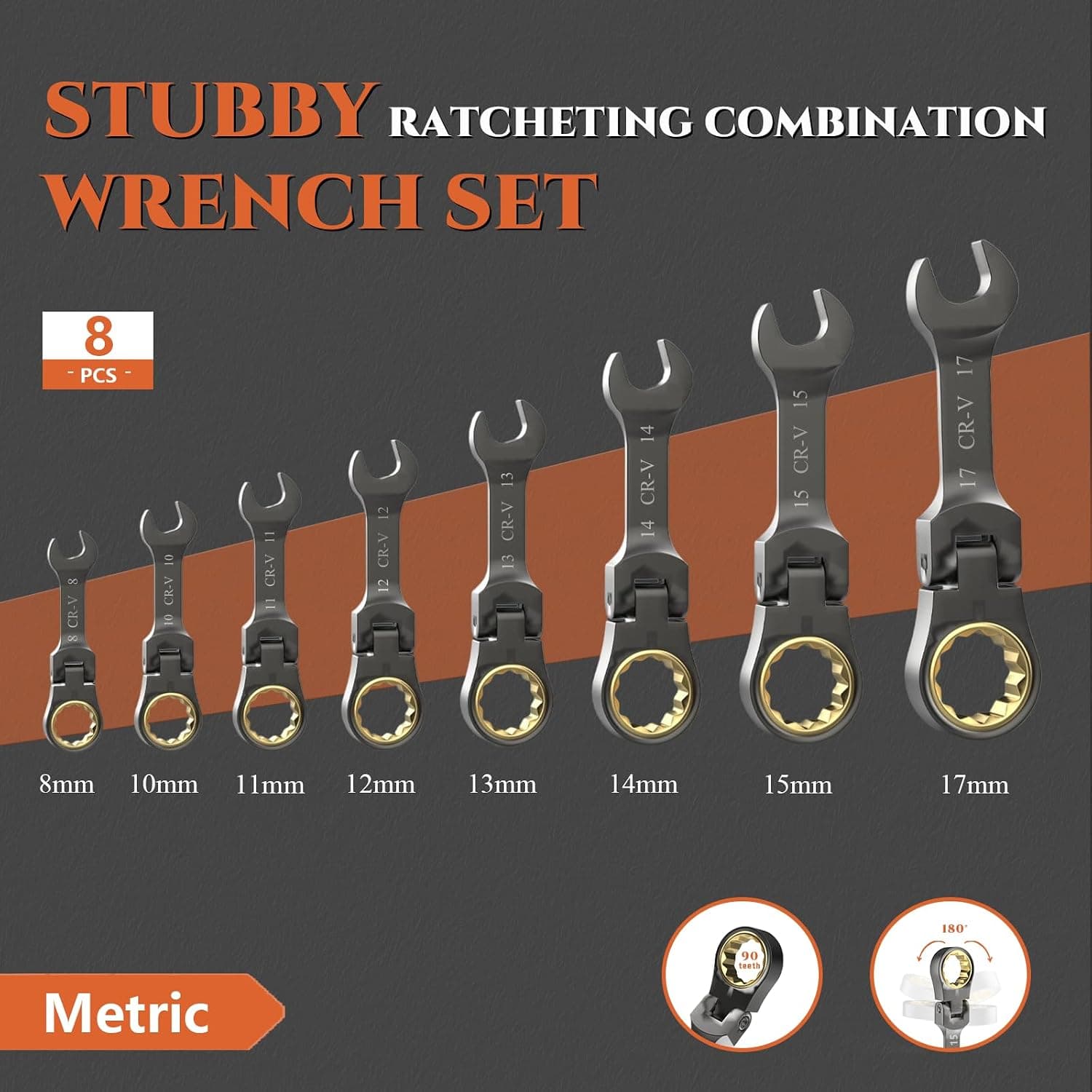 Suzume 8-17mm Stubby Flex Head Ratcheting Wrench Set featuring 90-Tooth Gear Mechanism, Tight 4-Degree Swing Arc, and Compact Profile Design — 2 of 5