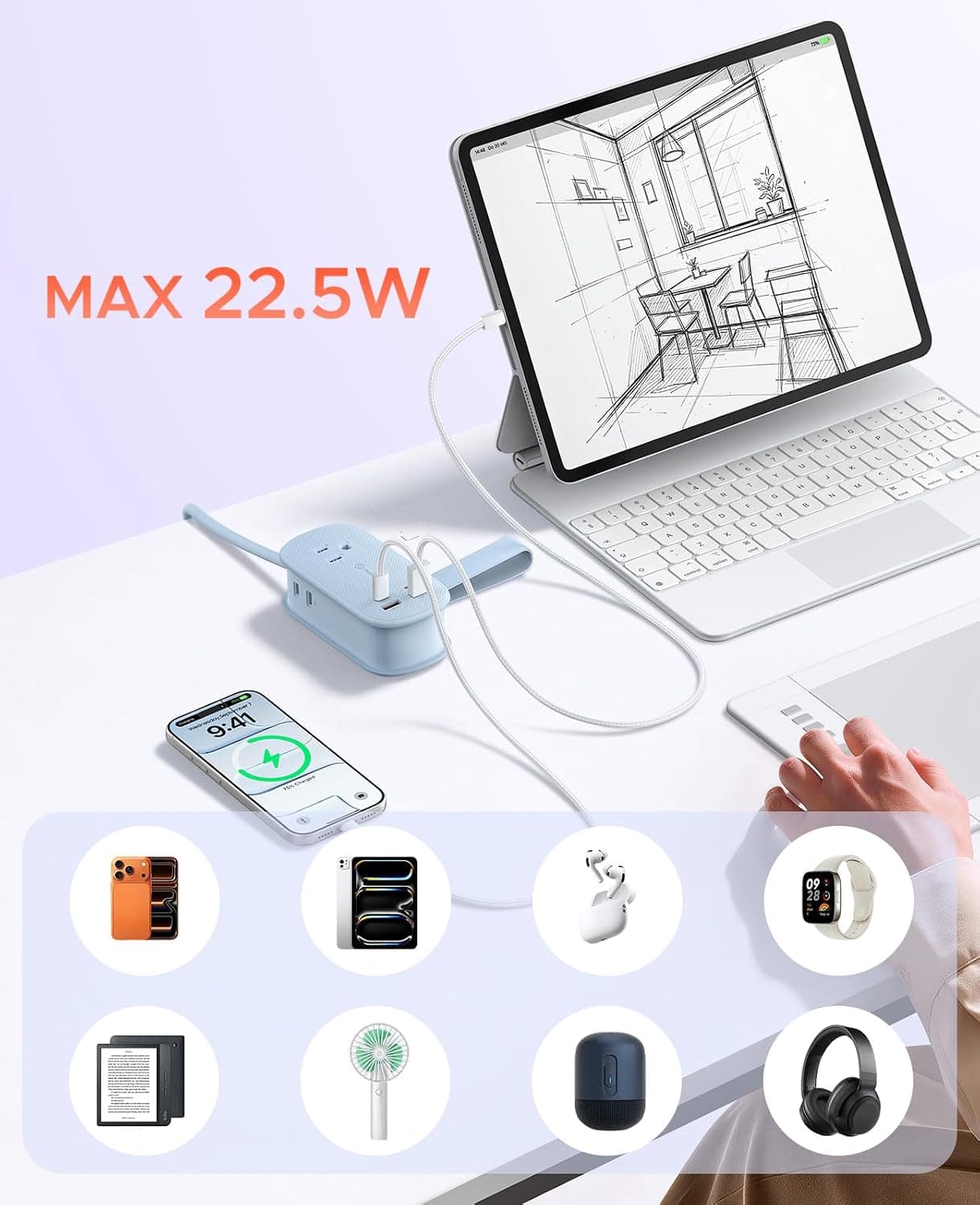 Phixero PhiPlug 7-in-1 45W USB-C Power Strip with Three AC Outlets, Two USB-C Ports, Two USB-A Ports and Multi-Device Charging Extension Cord Design — 3 of 5