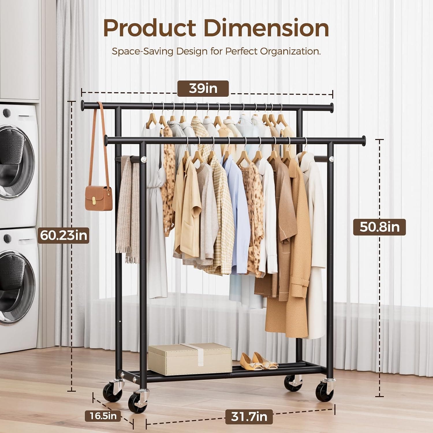 Hyseyy 16.5"x 39"x 60.23" 240lbs Double Rod Clothing Rack with Dual-Bar Design for Up to 150 Garments and Organized Long Dresses Pants and Jackets — 3 of 5