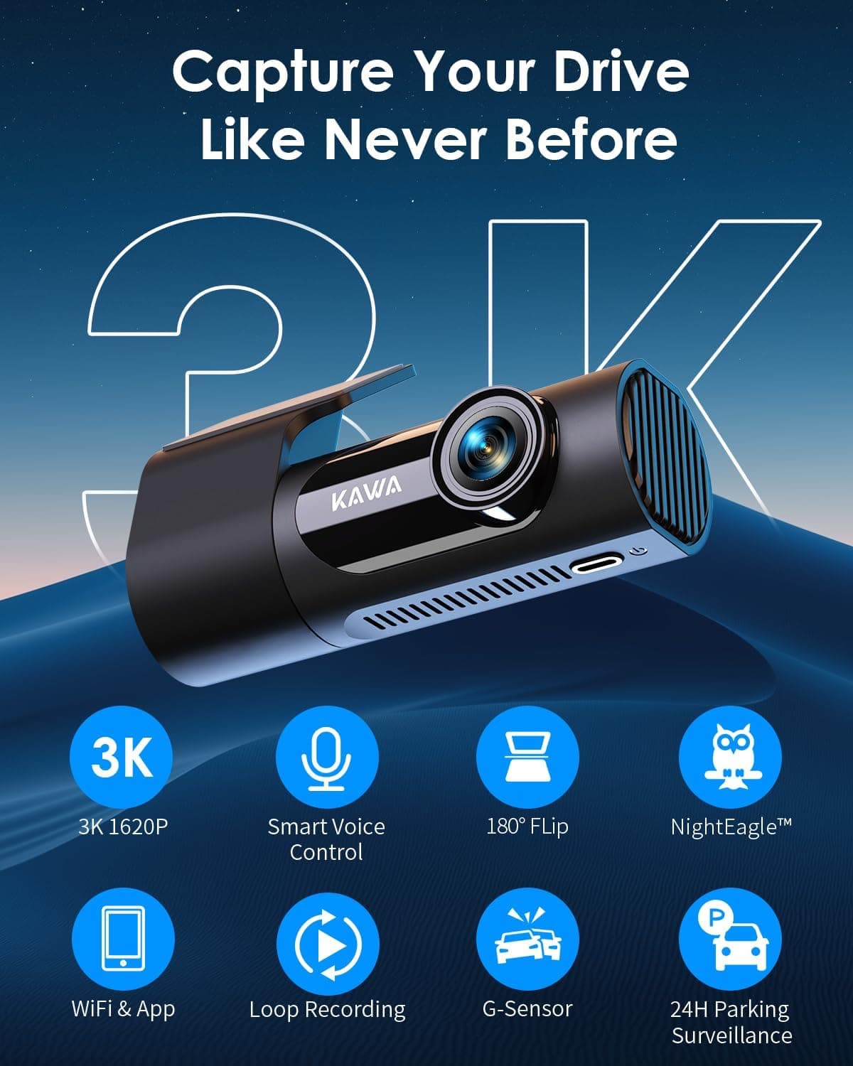 KAWA 3K Ultra HD Front Dash Cam with Smart Voice Control, NightEagle Night Vision Engine, Built-In WiFi, App Control and Seamless Loop Recording — 2 of 5
