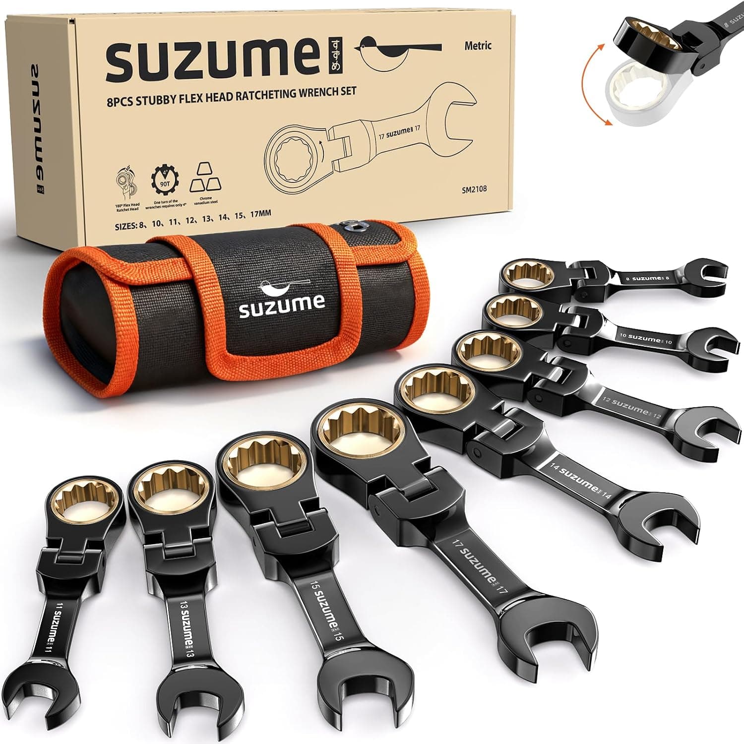 Suzume 8-17mm Stubby Flex Head Ratcheting Wrench Set featuring 90-Tooth Gear Mechanism, Tight 4-Degree Swing Arc, and Compact Profile Design — 1 of 5