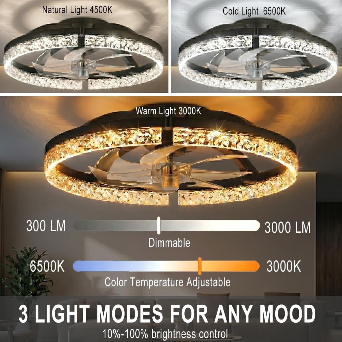 24-Inch Flush Mount Ceiling Fan with Integrated Light and Modern Low-Profile Design for Small Spaces, Bedrooms, Living Rooms and Kitchens — 2 of 5