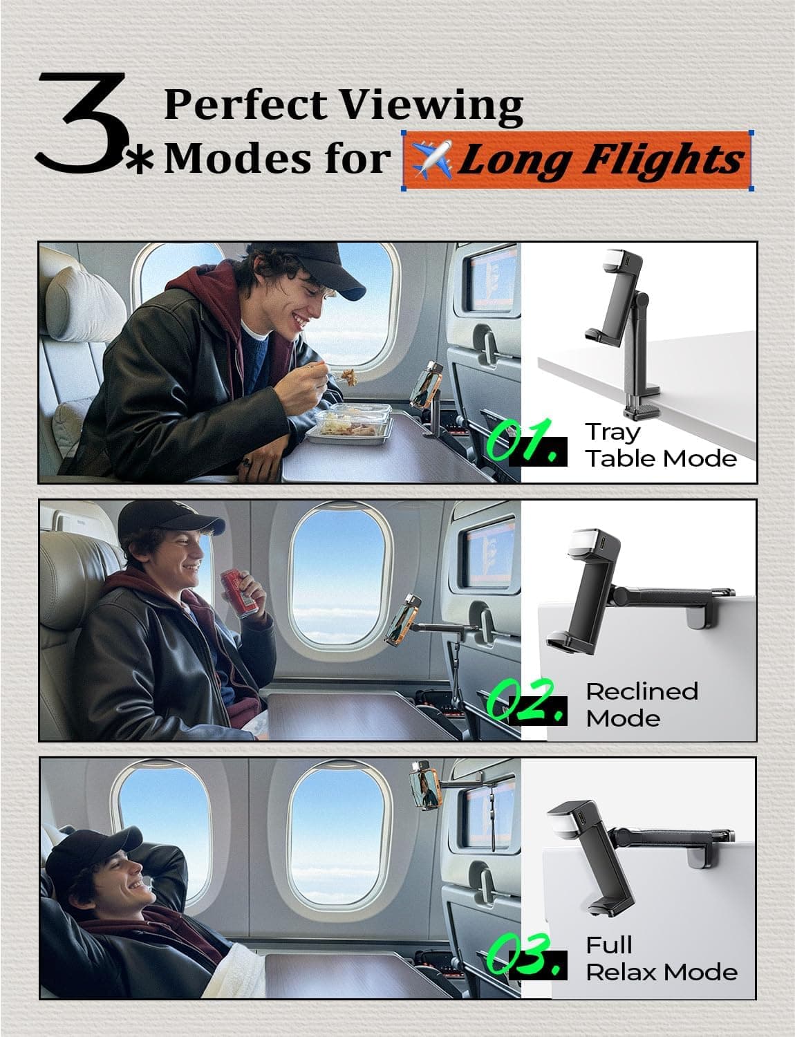 Airplane Phone Holder with Built-In LED Light for Hands-Free Travel Entertainment, Adjustable Viewing Angles, Universal Clamp and Foldable Design — 3 of 5