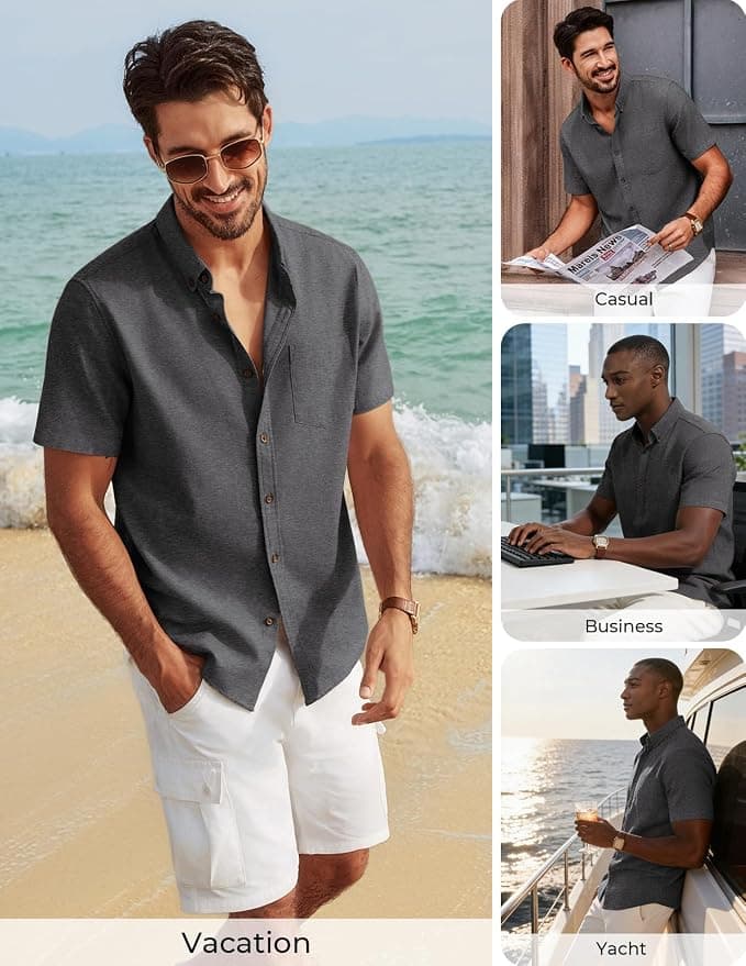 Pj Paul Jones Mens Button Down Linen Short Sleeve Dress Shirt Featuring Solid Color, Curved Shirttail Hem, Chest Pocket and Pleated Back Design — 4 of 5