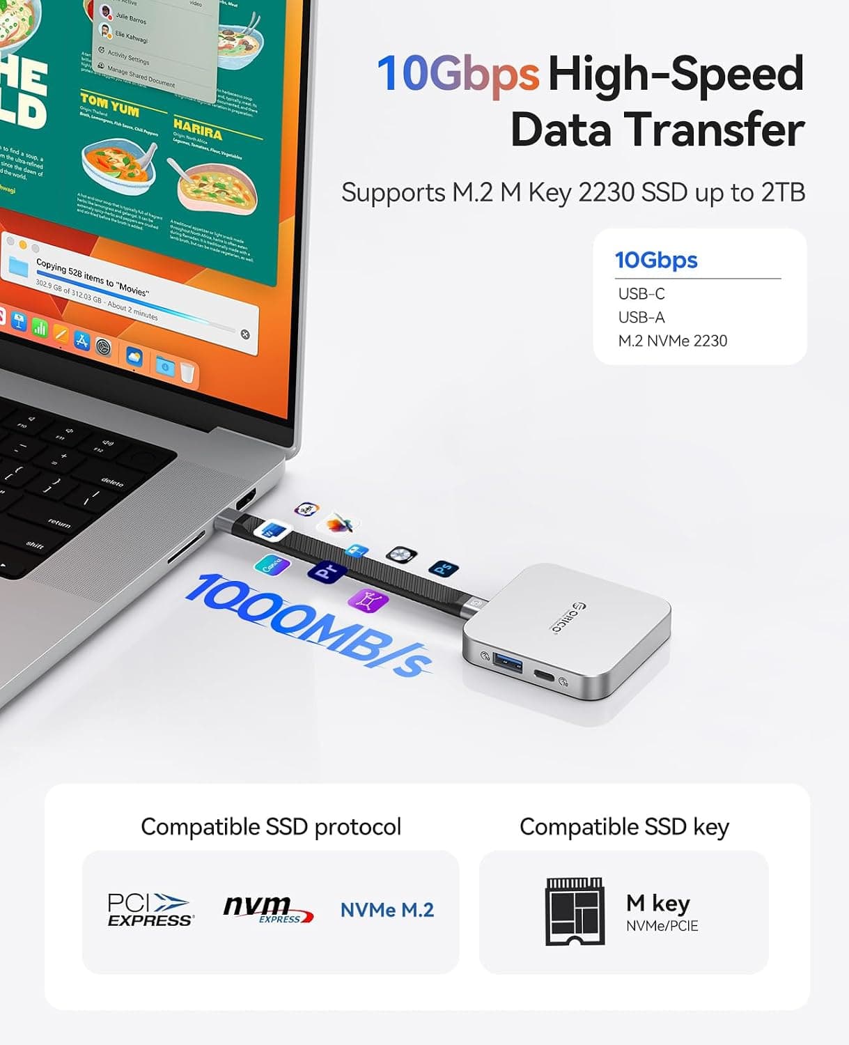 10Gbps Magnetic Docking Station with M.2 2230 NVMe Enclosure Featuring High-Speed Data Transfer Ports and Compact Aluminum Design for Laptops — 2 of 5