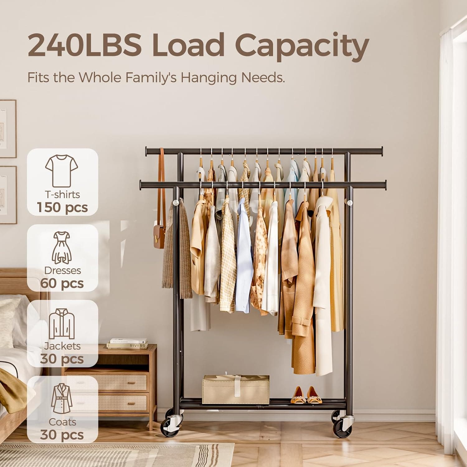 Hyseyy 16.5"x 39"x 60.23" 240lbs Double Rod Clothing Rack with Dual-Bar Design for Up to 150 Garments and Organized Long Dresses Pants and Jackets — 4 of 5