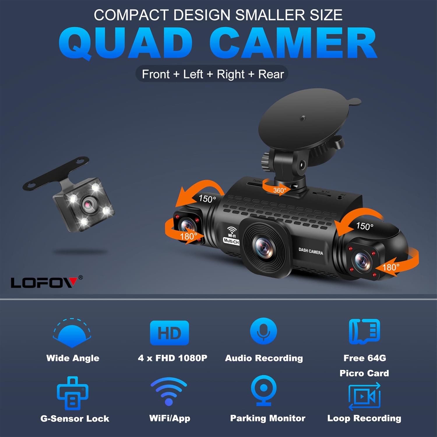 LOFOV 4-Channel 360-Degree Dash Cam with Wi-Fi App Control, 24-Hour Radar Parking Monitoring, Super Night Vision and Included 64GB Memory Card — 2 of 5