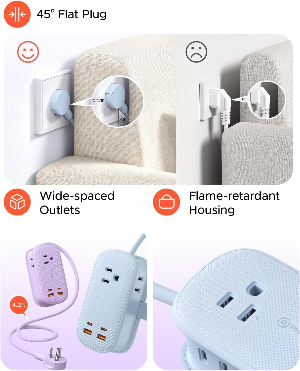 Phixero PhiPlug 7-in-1 45W USB-C Power Strip with Three AC Outlets, Two USB-C Ports, Two USB-A Ports and Multi-Device Charging Extension Cord Design — 4 of 5