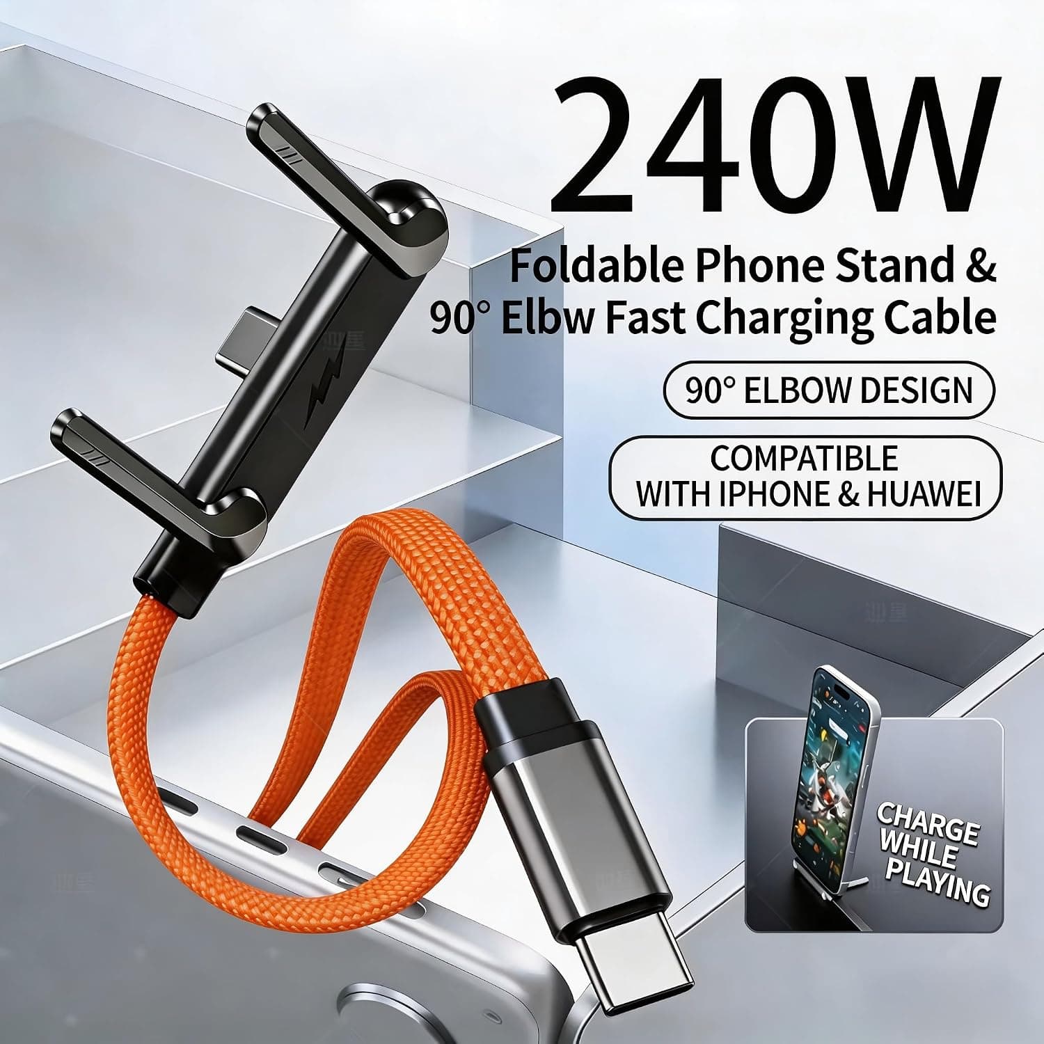 USB-C to USB-C 90-Degree Braided Fast Charging Cable featuring Integrated Foldable Phone Stand and Durable Design for Daily Use — 2 of 5