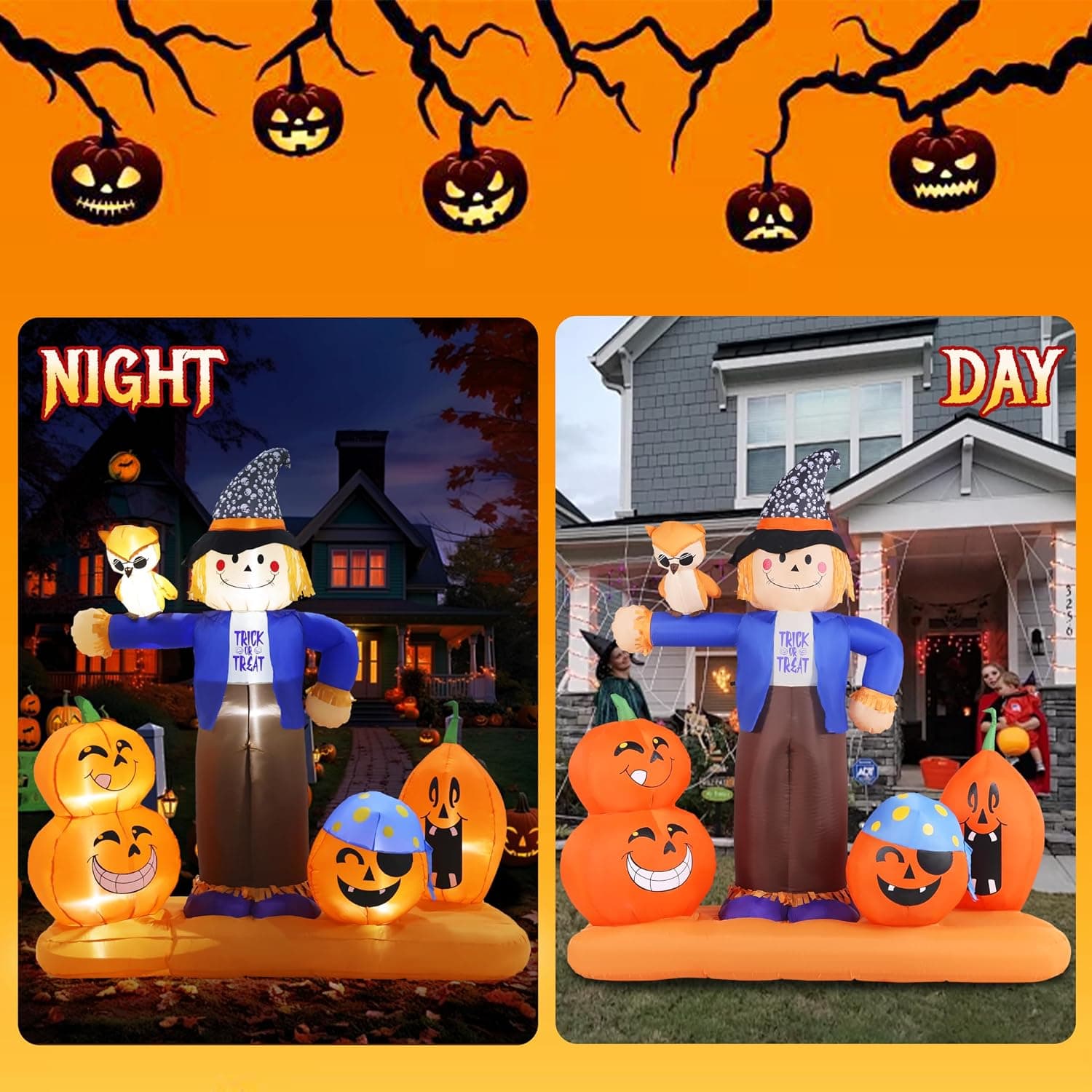 Inflatable Scarecrow with Pumpkins and Owl Fall Decor Featuring Built-in Fan, Durable Weather-Resistant Fabric and Bright Internal LED Lights — 4 of 5