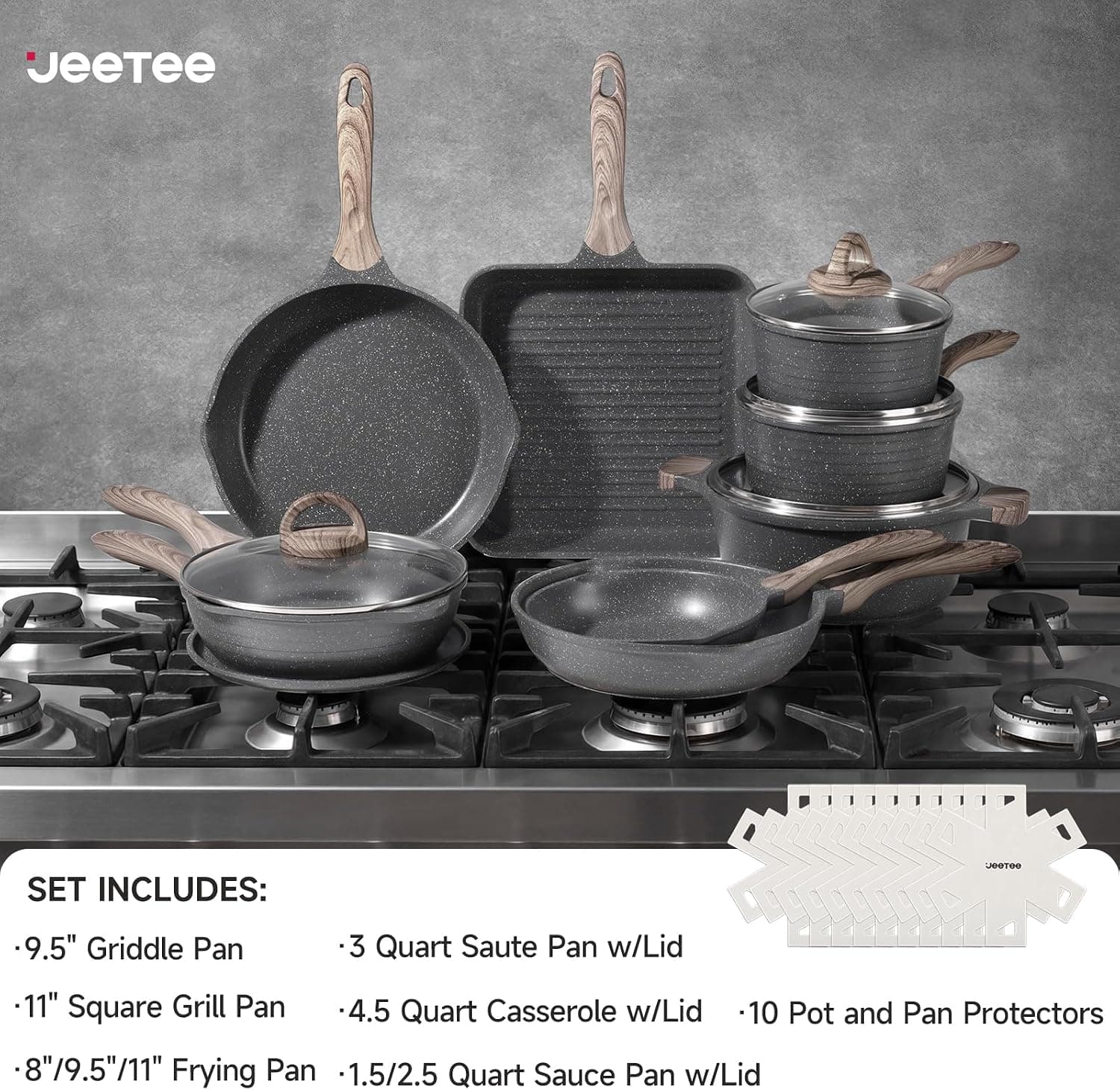 23-Piece Nonstick Pots and Pans Set in Grey with Triple-Layer Coating, Induction-Compatible Stovetop Base, Stay-Cool Handles and Oven Safe Up to 464°F — 3 of 5