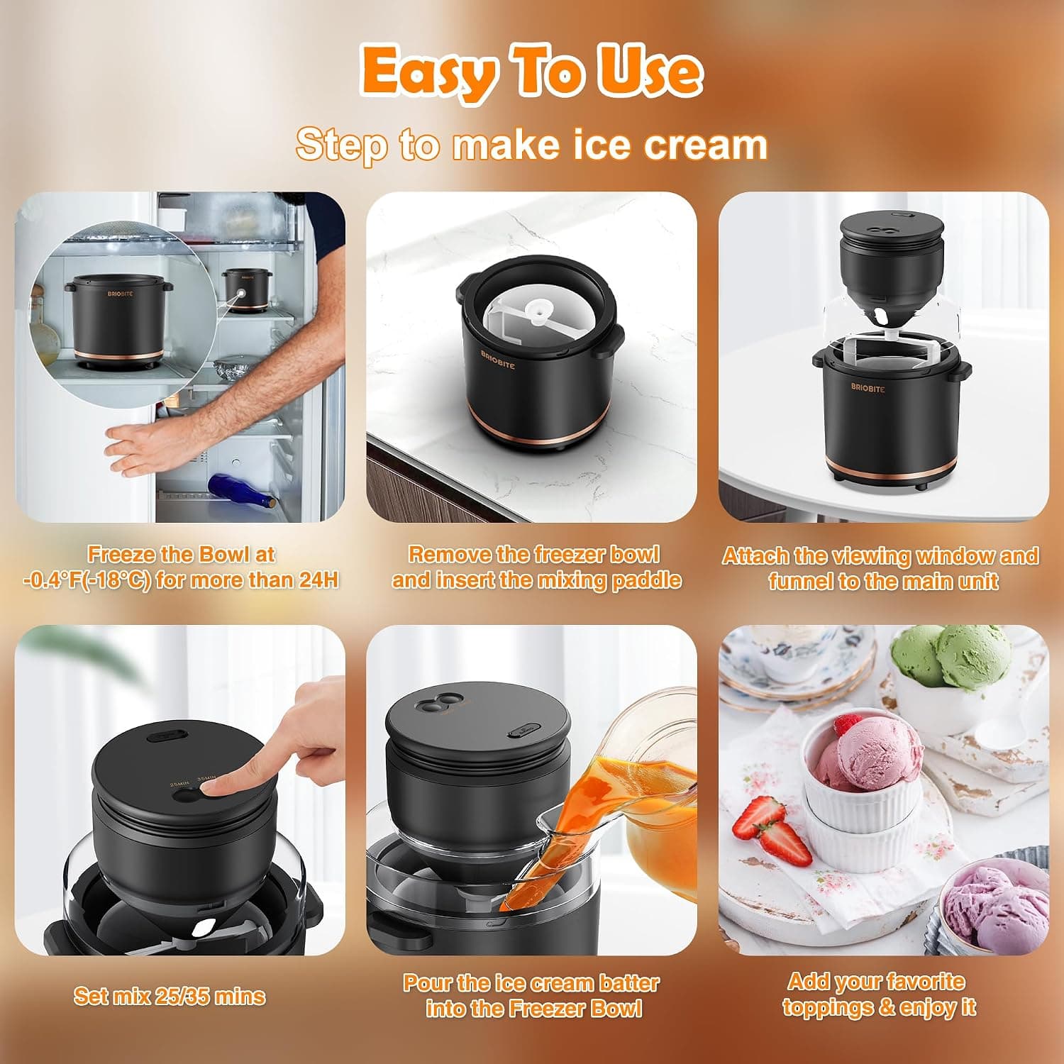 BRIOBITE 1.1 Quart USB-C Rechargeable Ice Cream Maker with Automatic Shut-Off, BPA-Free Aluminum Construction, Overheat Protection and Recipe Book — 5 of 5