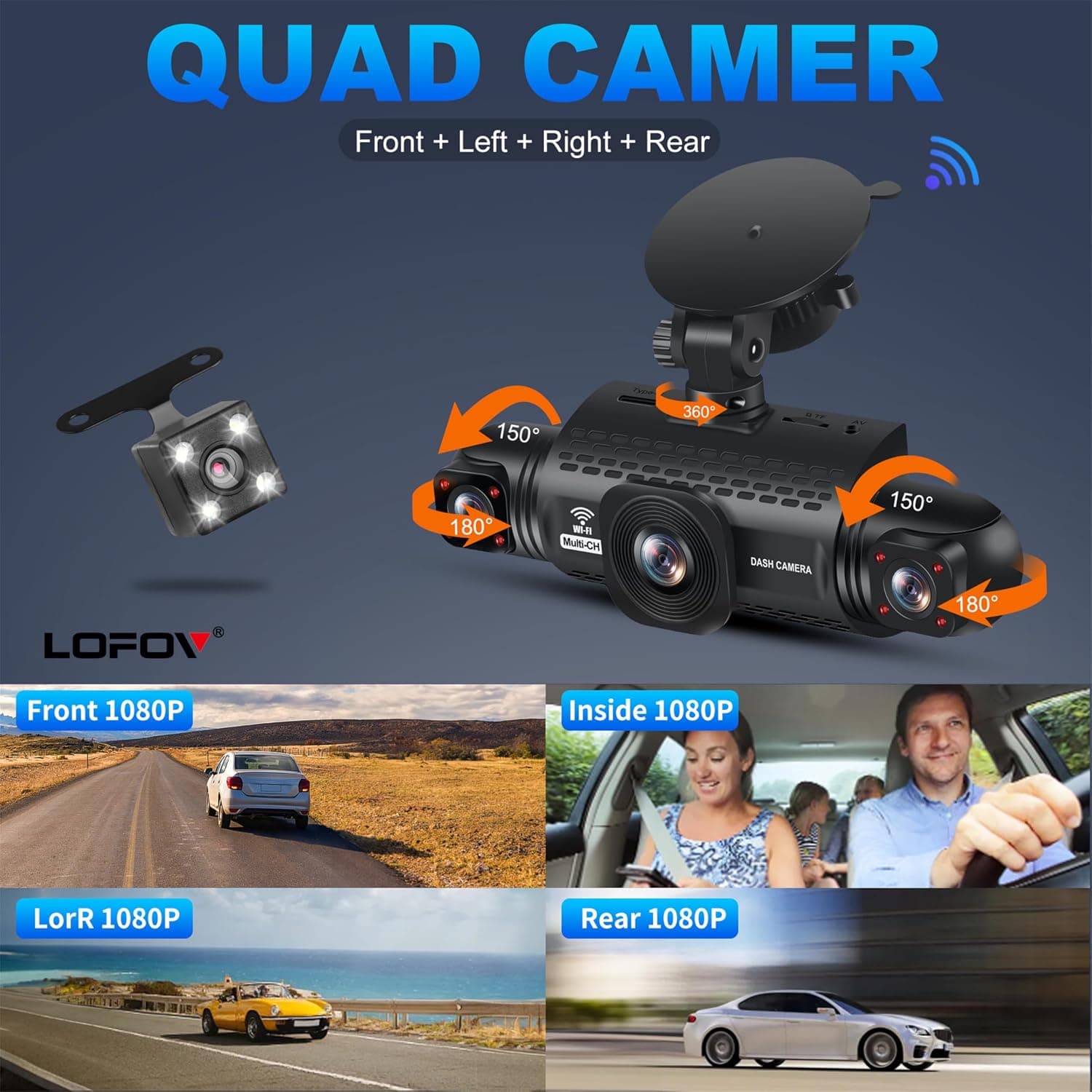 LOFOV 4-Channel 360-Degree Dash Cam with Wi-Fi App Control, 24-Hour Radar Parking Monitoring, Super Night Vision and Included 64GB Memory Card — 3 of 5