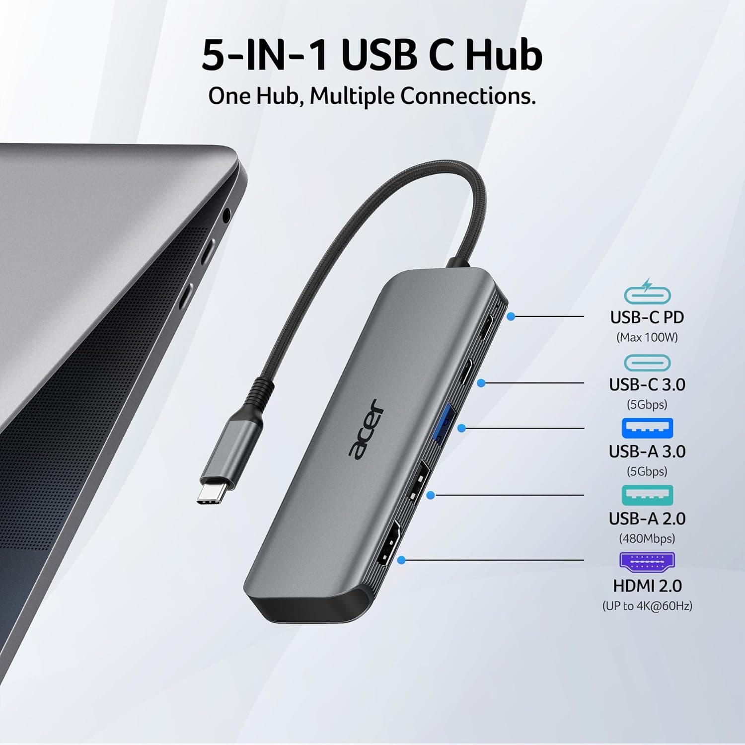Acer 5-in-1 5Gbps USB-C Hub with 100W Power Delivery, 5 Versatile Ports, Fast Data Transfer Speeds, and Reliable High-Speed Laptop Charging — 2 of 5