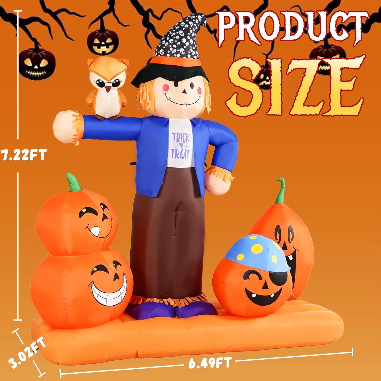 Inflatable Scarecrow with Pumpkins and Owl Fall Decor Featuring Built-in Fan, Durable Weather-Resistant Fabric and Bright Internal LED Lights — 2 of 5