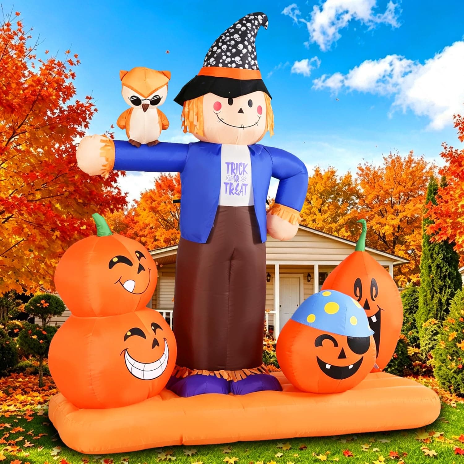 Inflatable Scarecrow with Pumpkins and Owl Fall Decor Featuring Built-in Fan, Durable Weather-Resistant Fabric and Bright Internal LED Lights — 3 of 5