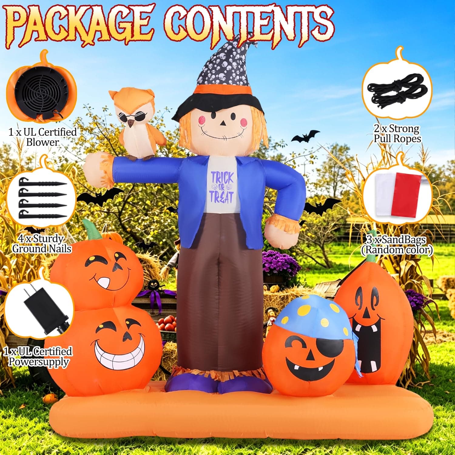 Inflatable Scarecrow with Pumpkins and Owl Fall Decor Featuring Built-in Fan, Durable Weather-Resistant Fabric and Bright Internal LED Lights — 5 of 5