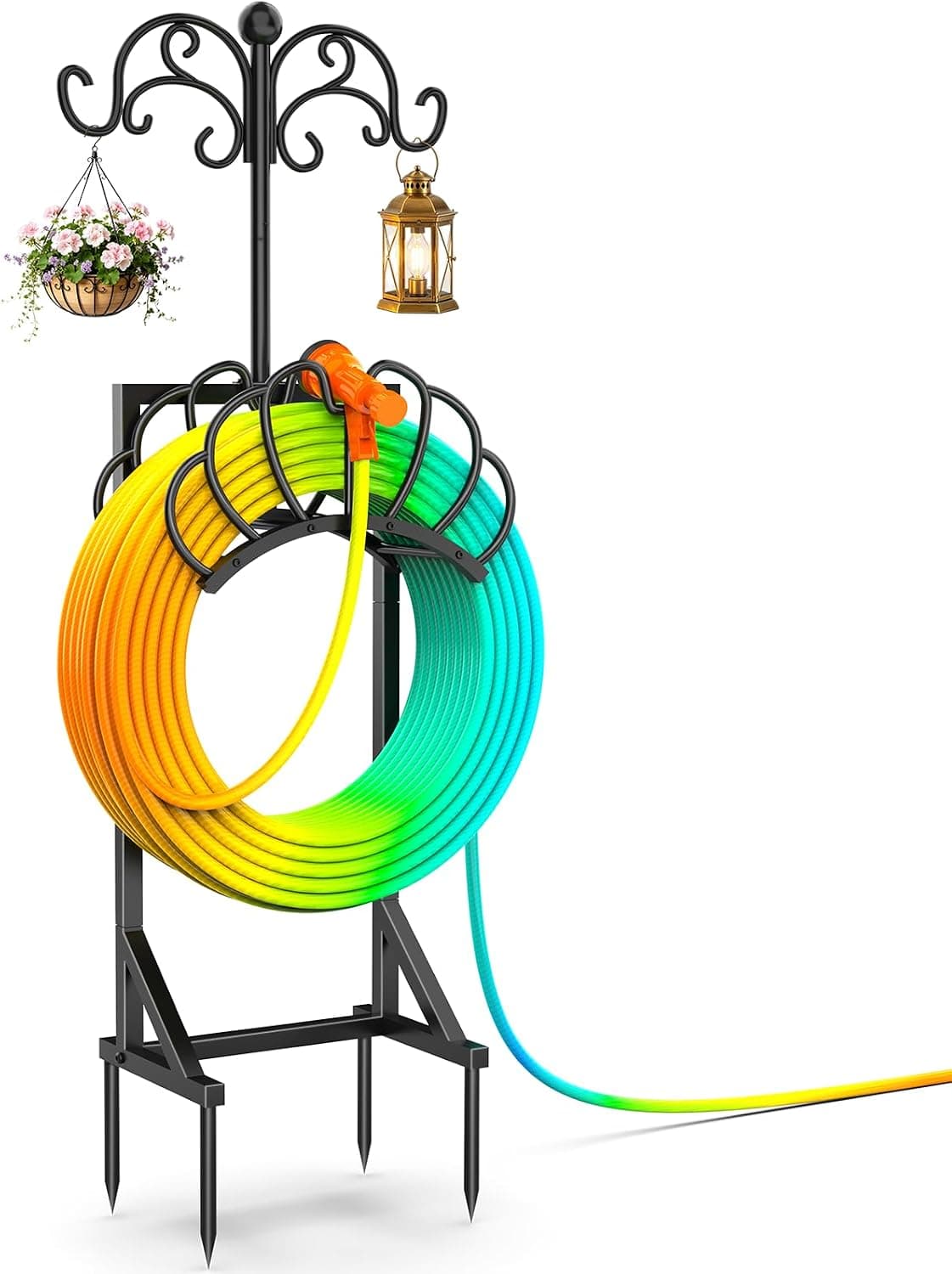 Garden Water Hose Holder Freestanding with Shepherds Hooks Heavy Duty Construction Weather Resistant Finish Yard Storage Stand Organizer