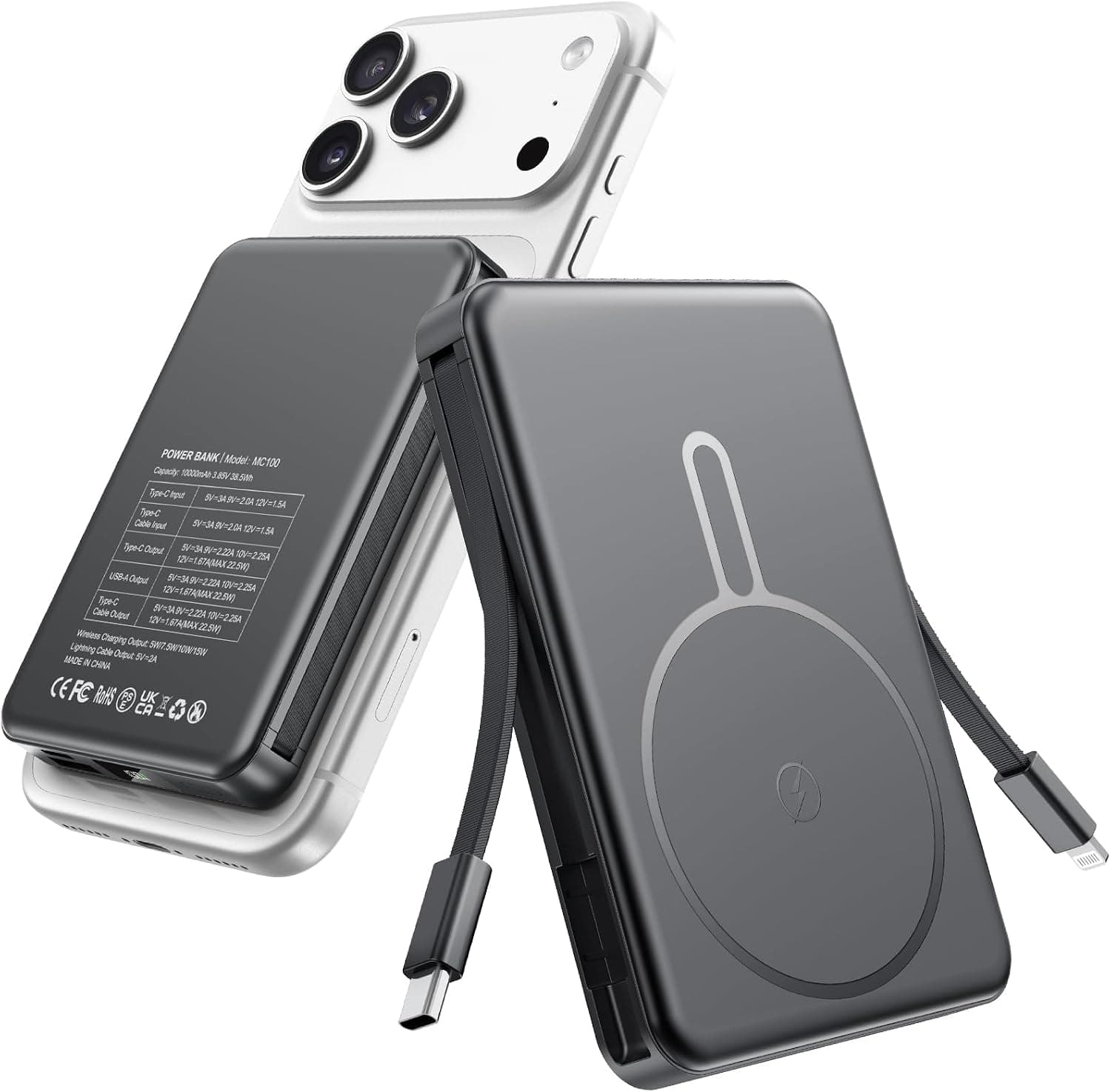 Magnetic 10000mAh Portable Charger with Built-In Cables, Fast Charging Power Bank, Compact Wireless Battery Pack and Foldable Stand Design — 1 of 4