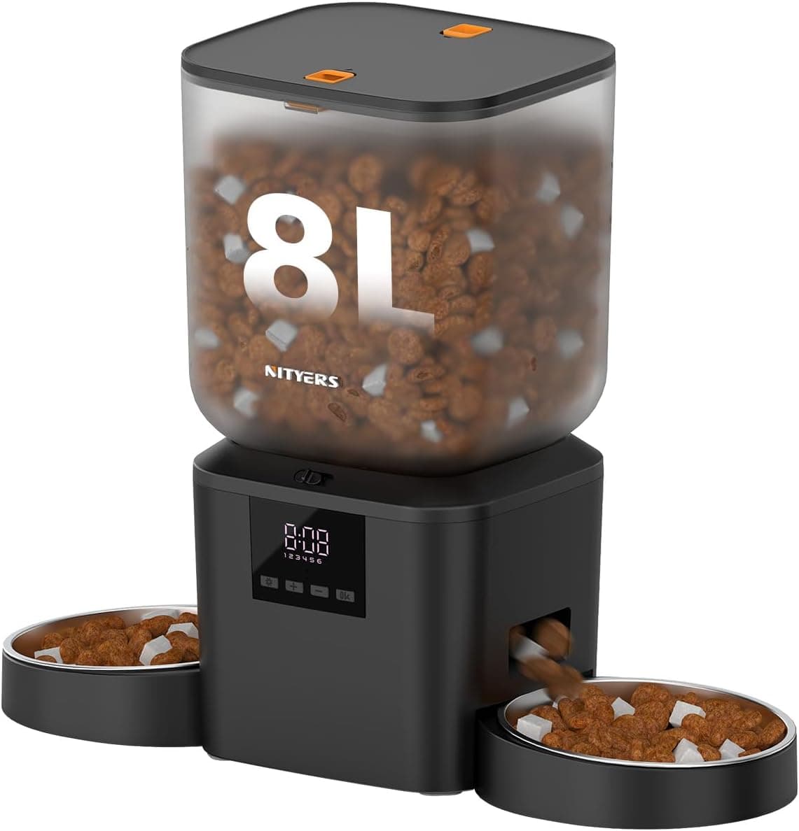 8L Dual Automatic Cat Feeder for Two Cats with Anti-Clog Feeding, Portion Control, 6 Scheduled Meals Daily and Stainless Steel Bowls