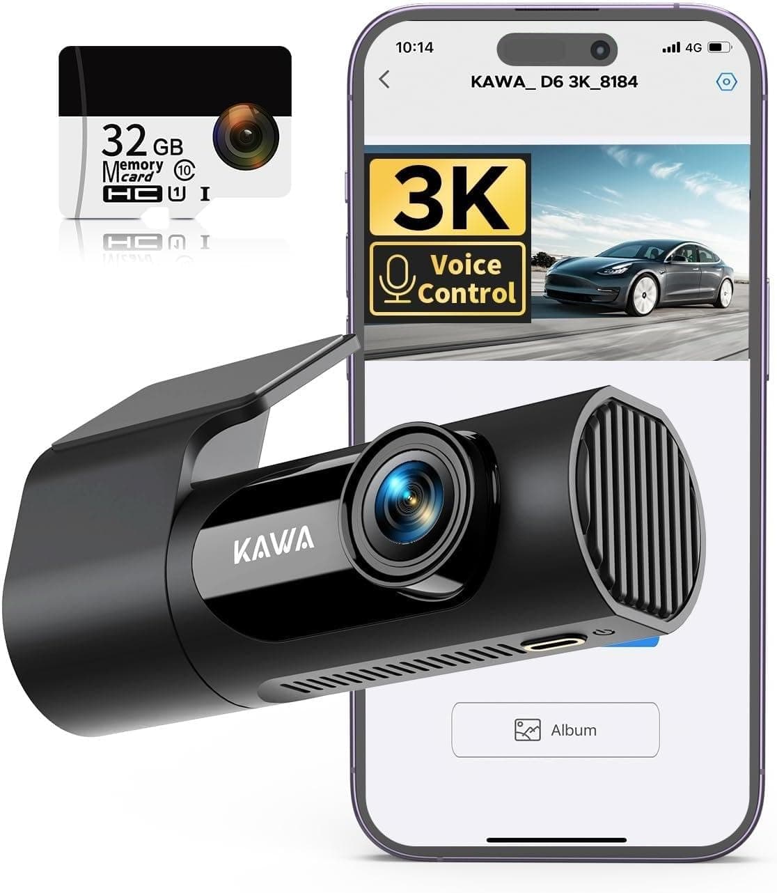 KAWA 3K Ultra HD Front Dash Cam with Smart Voice Control, NightEagle Night Vision Engine, Built-In WiFi, App Control and Seamless Loop Recording — 1 of 5