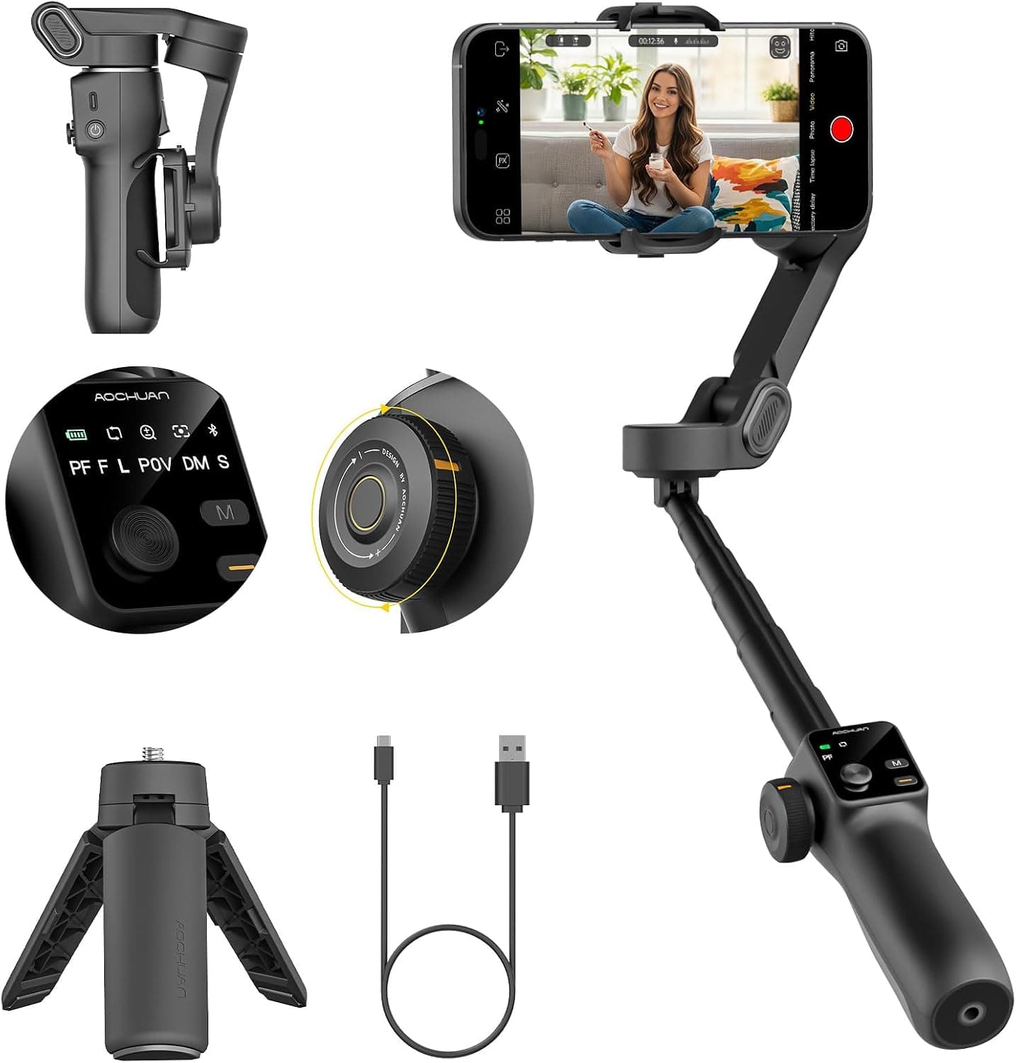 Smart V8 3-Axis Smartphone Gimbal Stabilizer with Smooth Motorized Tracking, Portable Folding Frame, and Dedicated App Control Features — 1 of 4