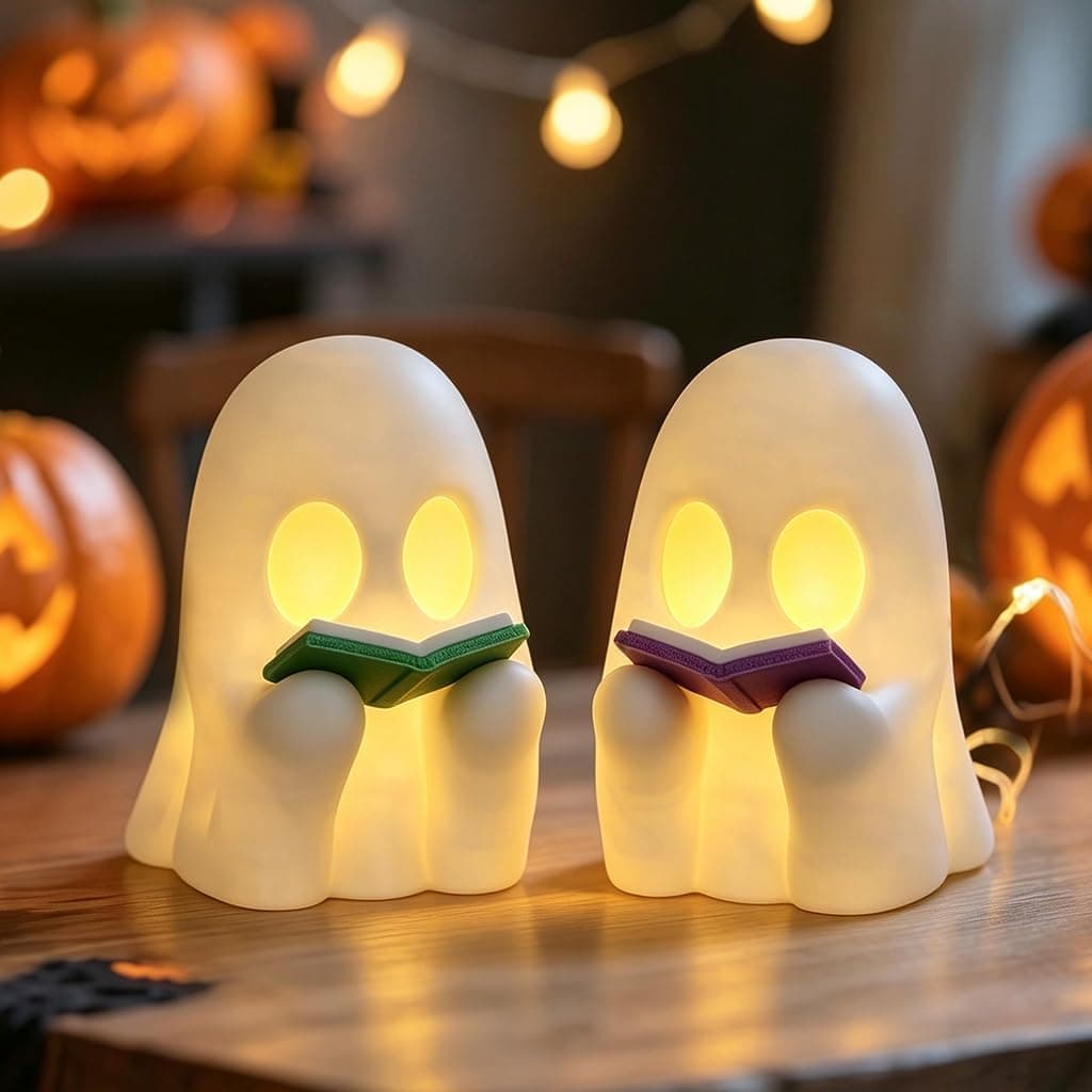 3D Printed LED Reading Ghost 2 Pack Glow Spooky Decor Night Light Cute Miniature Figurine for Desk Room Shelf Halloween Ambiance — 1 of 5