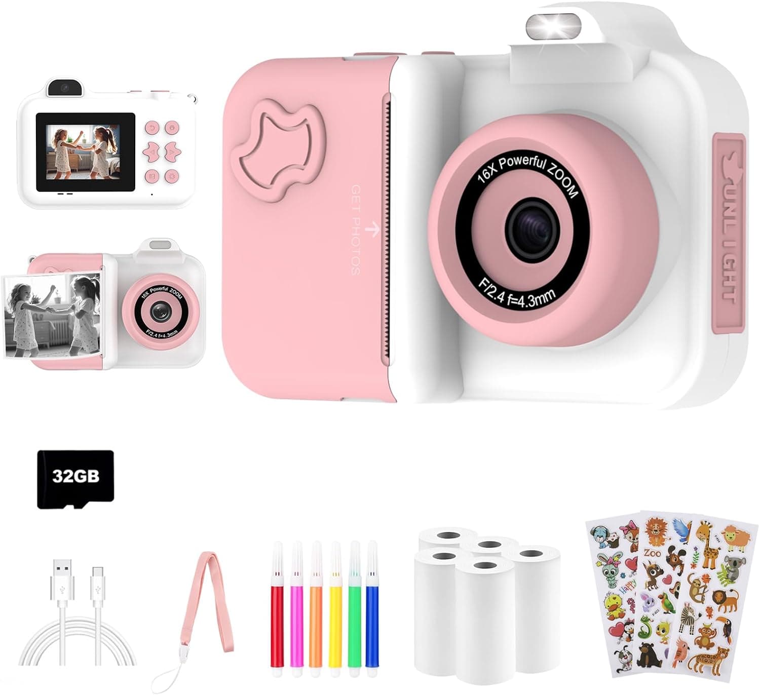 Instant Print Camera for Kids with 1080p HD Video Recording, 16x Zoom, Dual Lenses, 32GB Memory Card and 5 Rolls of Print Paper Included