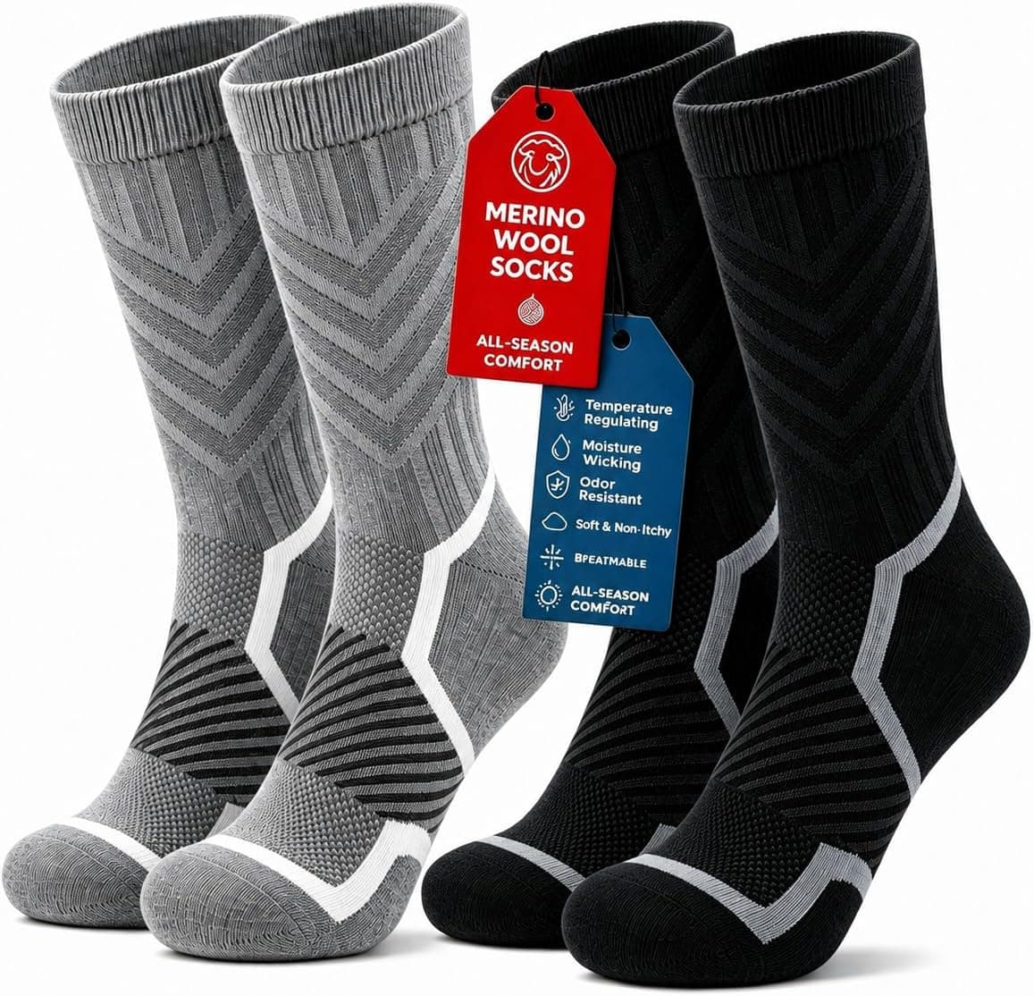 Merino Wool Hiking Crew Socks 2-Pack with Moisture Wicking Breathable Fabric, Targeted Arch Support, Shock-Absorbing Cushioning and 6-Month Wear-Out — 1 of 5