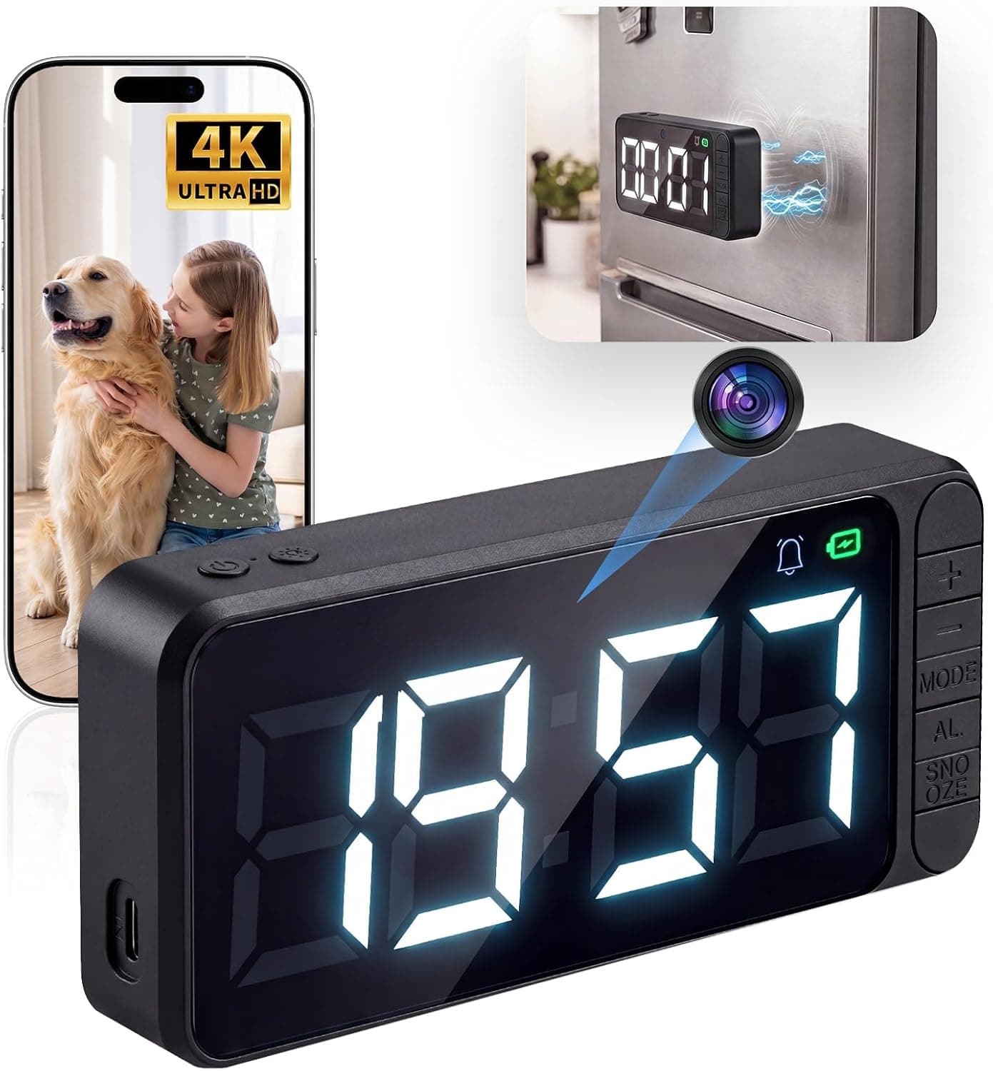 Hidden Camera Clock 4K WiFi Nanny Cam with Live Smartphone Streaming, Motion Detection Alerts, Night Vision and Loop Recording Features — 1 of 5