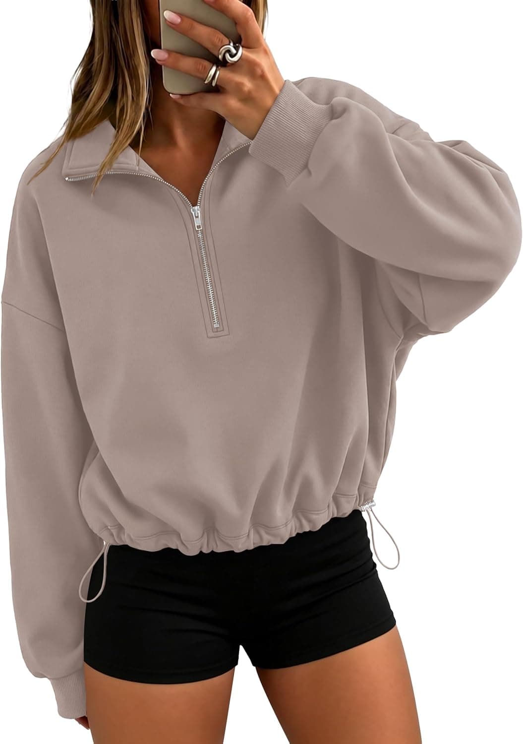Womens Cinchable Quarter-Zip Crop Sweatshirt with Adjustable Drawstring Hem, Comfortable Long Sleeves, and Versatile Casual Athleisure Styling