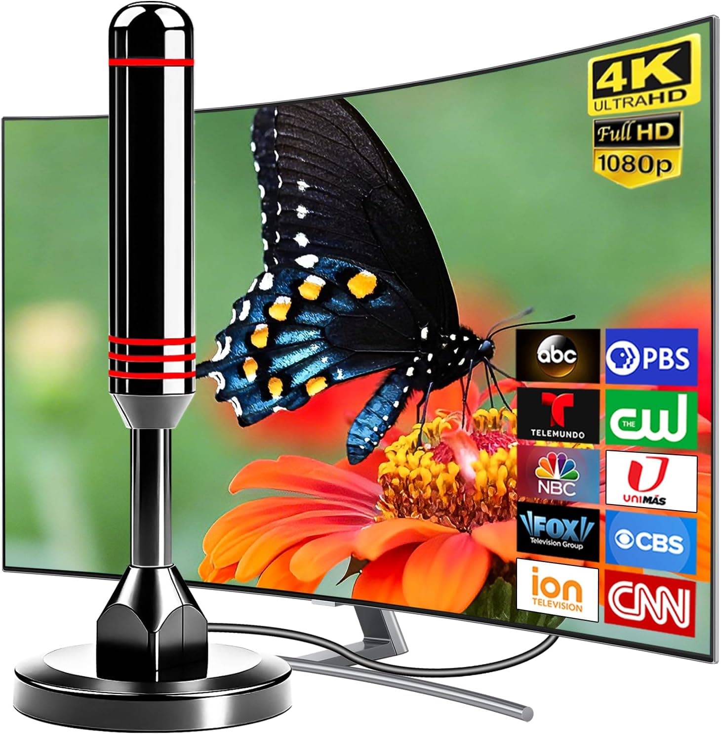 Digital Indoor TV Antenna for Smart TV with 360-Degree Long Range Reception, 4K 1080P HD Picture Quality and Premium Coaxial Cable Included — 1 of 5