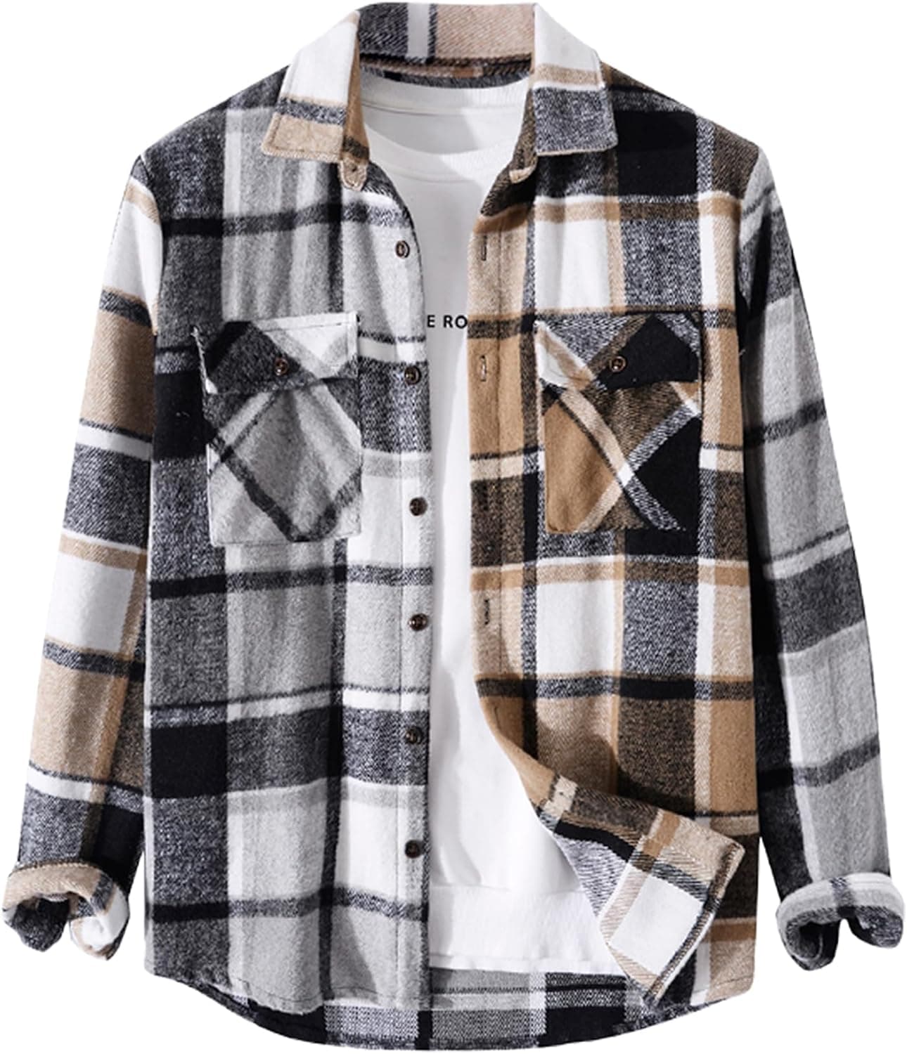 Plaid Flannel Shirt Jacket with Breathable Polyester Fabric, Contrasting Patchwork Print, Long Sleeves and Comfortable Fit for Casual Vacation Wear — 1 of 4